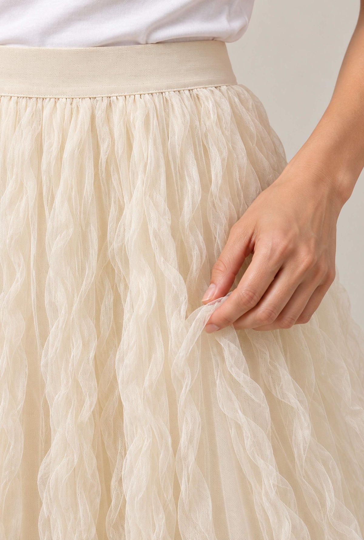 Cream Ruffle Tulle Midi Skirt