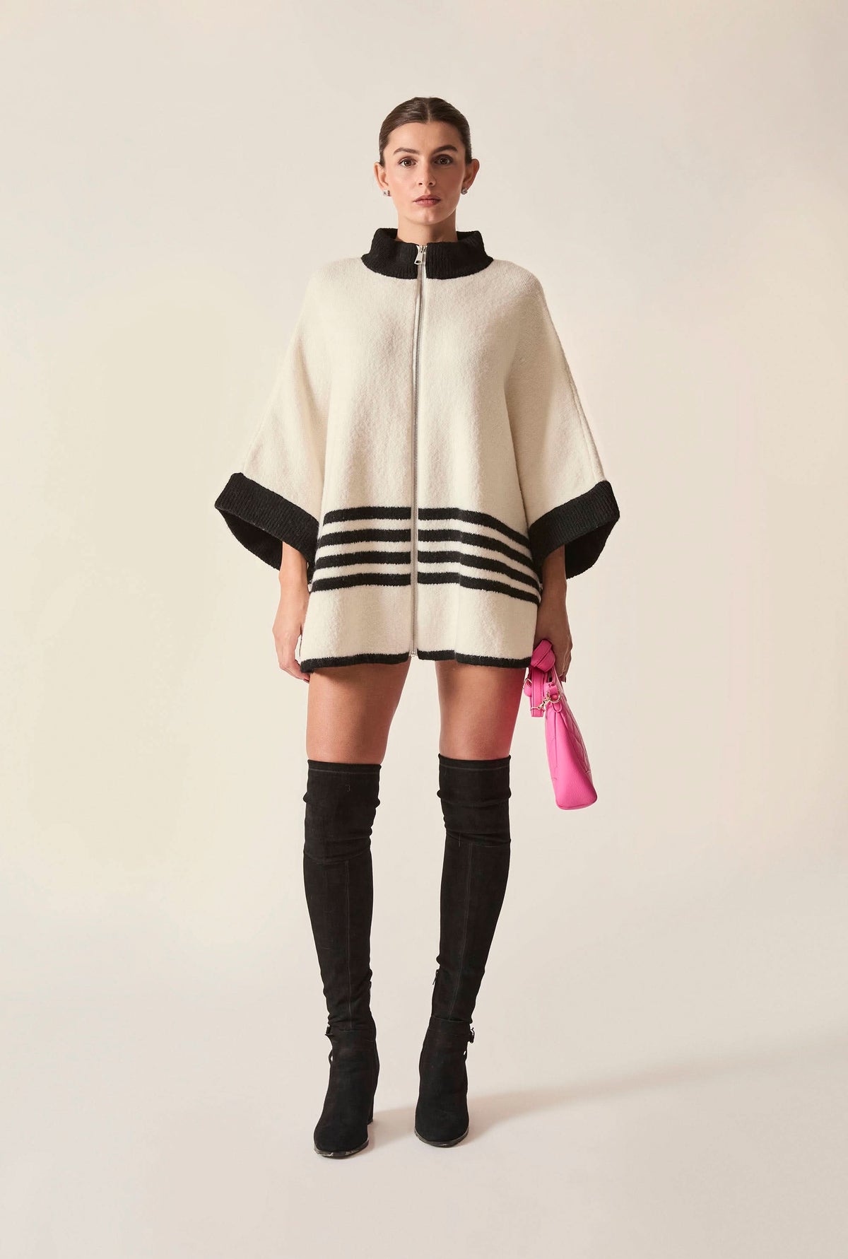 Cream Stripe Zip Knit Cape