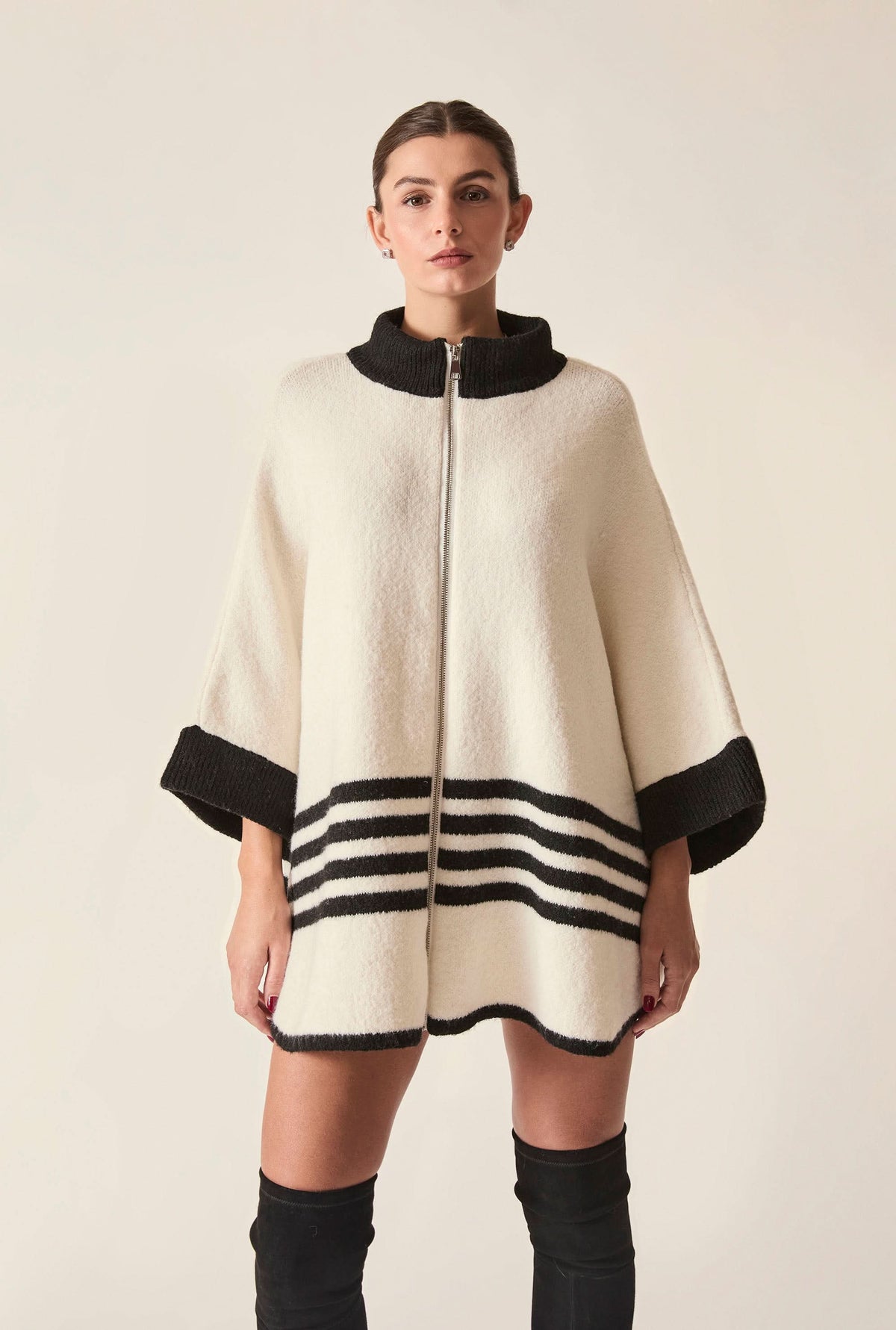 Cream Stripe Zip Knit Cape