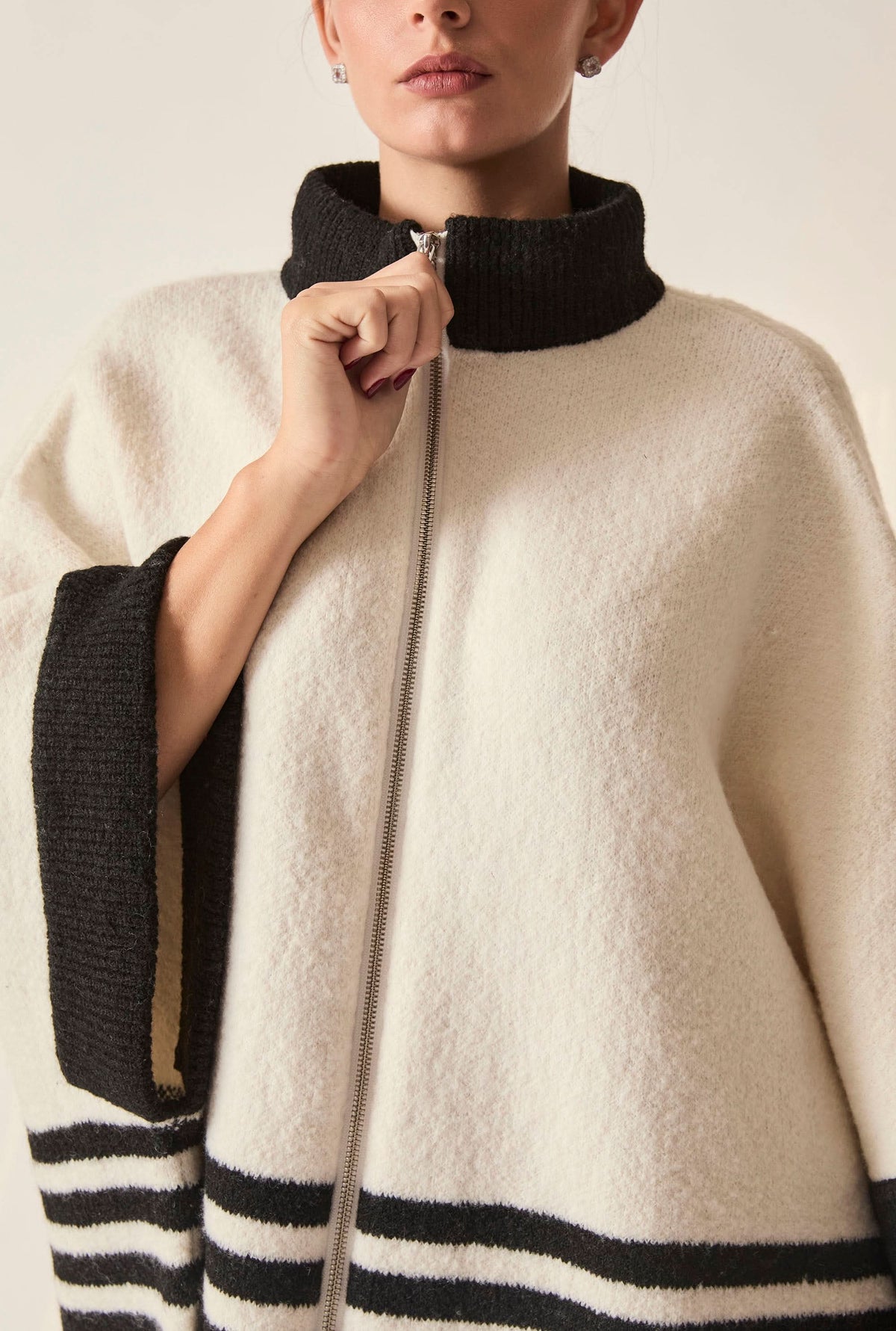 Cream Stripe Zip Knit Cape