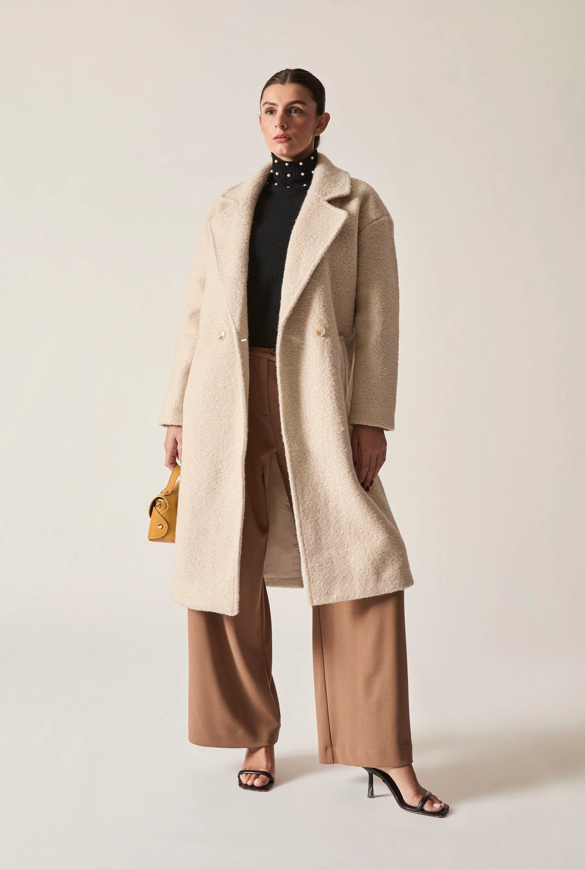 Cream Textured Double-Breasted Long Coat