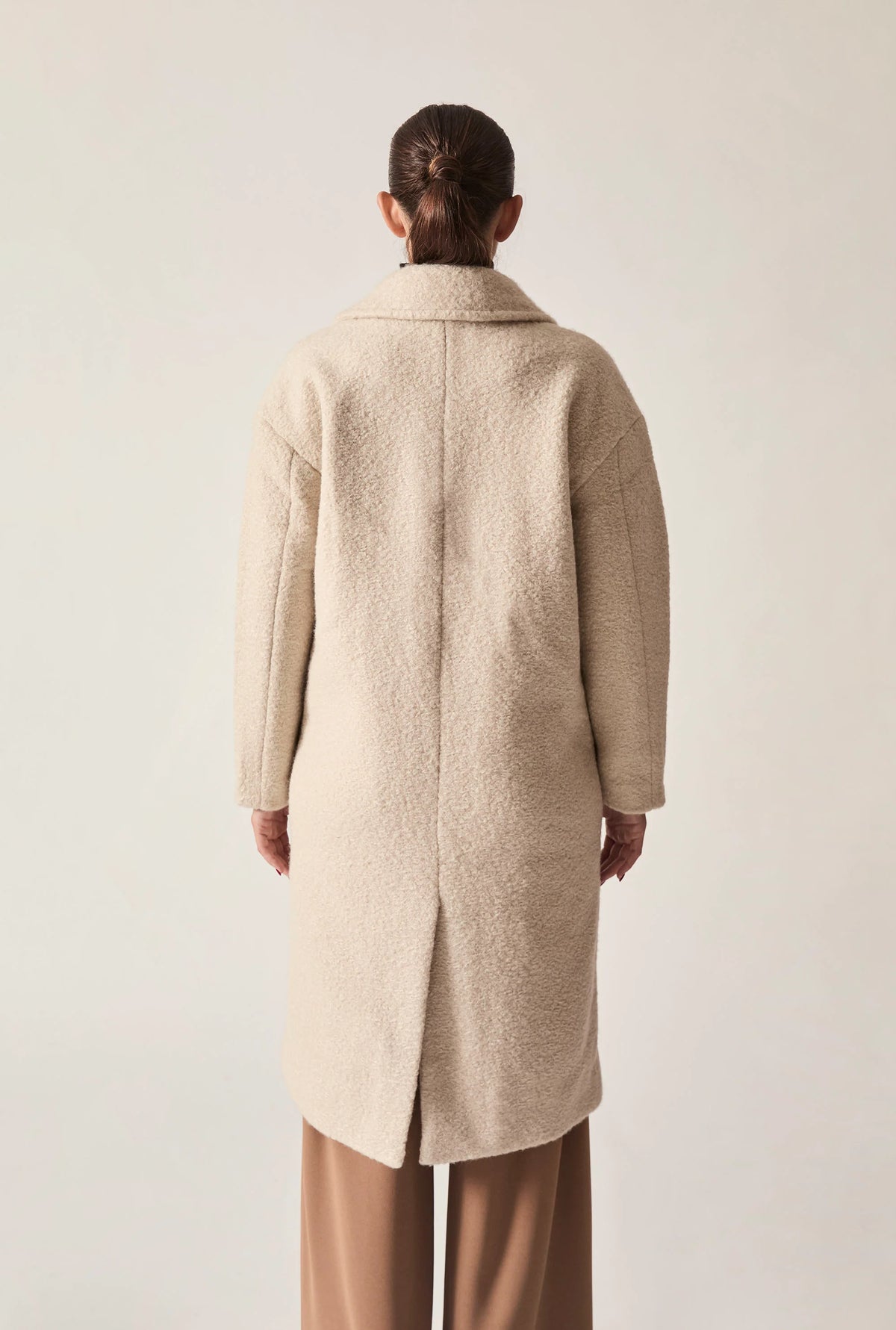 Cream Textured Double-Breasted Long Coat