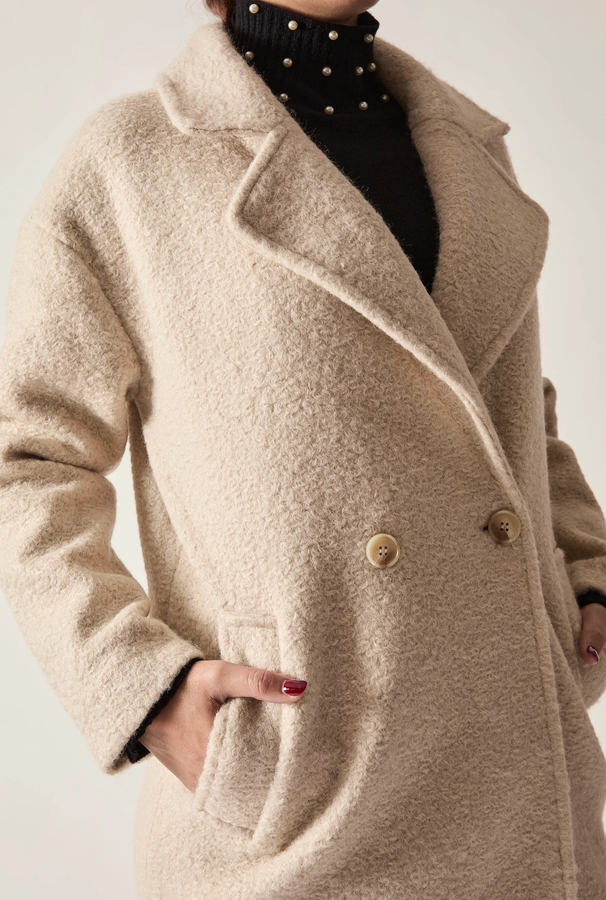 Cream Textured Double-Breasted Long Coat
