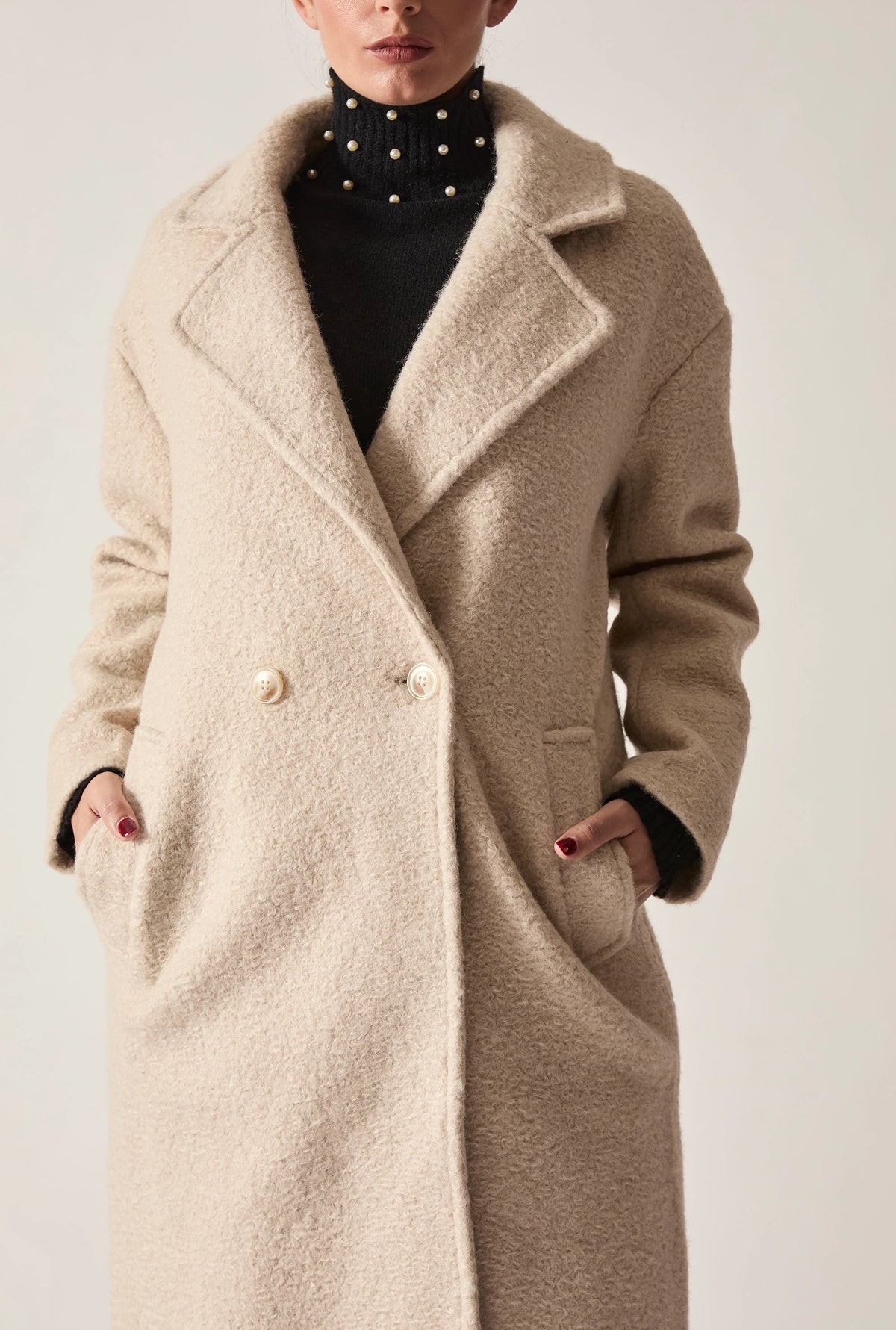 Cream Textured Double-Breasted Long Coat