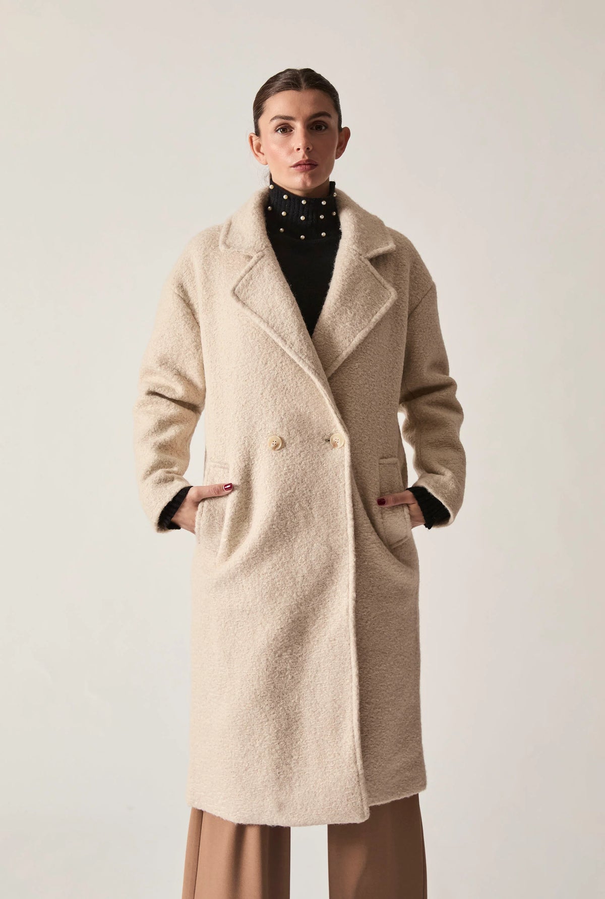 Cream Textured Double-Breasted Long Coat
