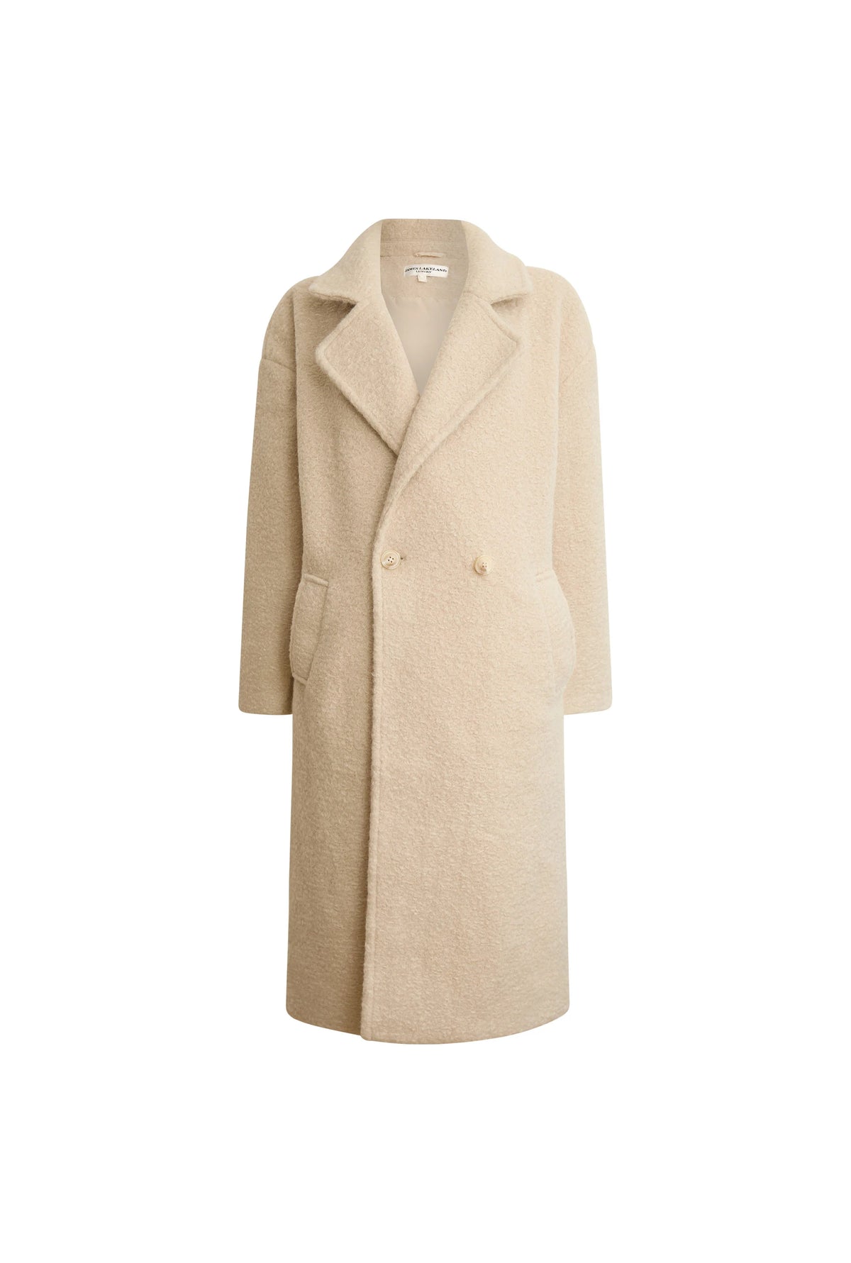 Cream Textured Double-Breasted Long Coat