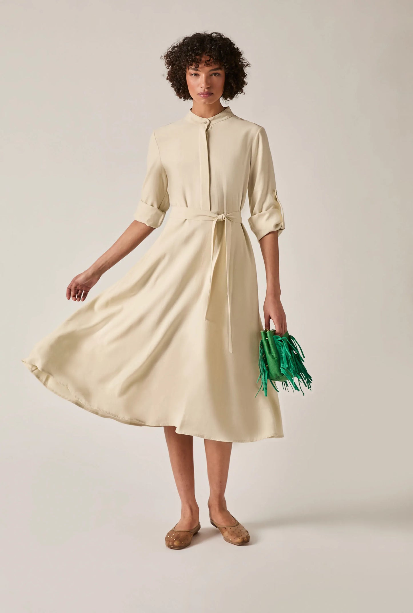 Cream Tie-Waist Midi Dress