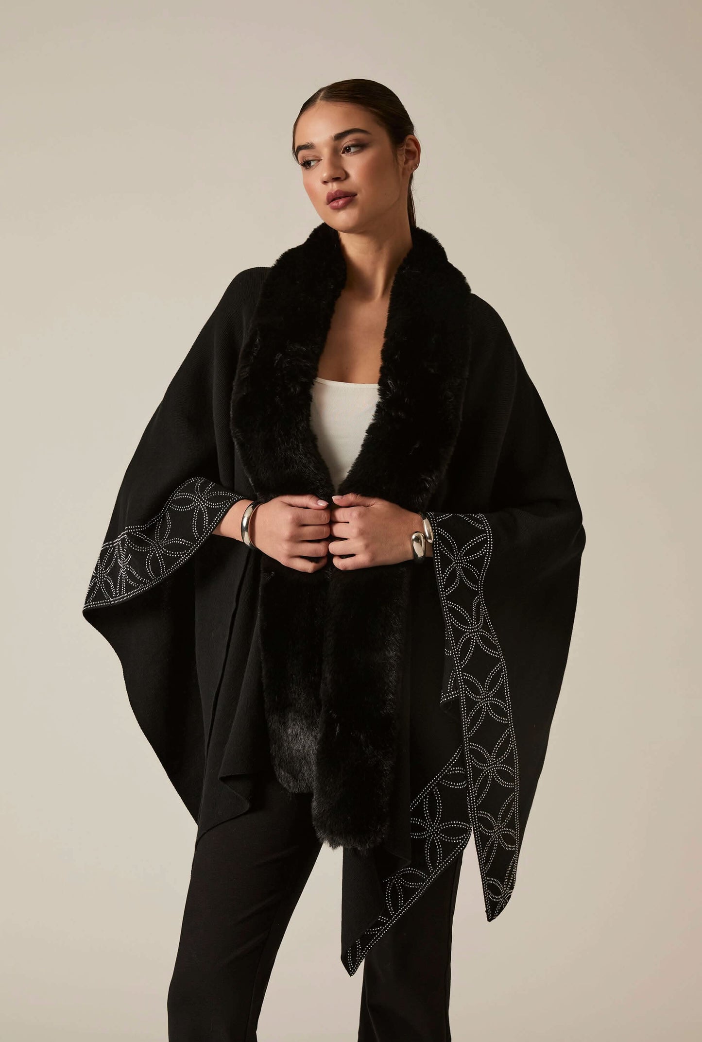 Crystal Edge Faux Fur Poncho