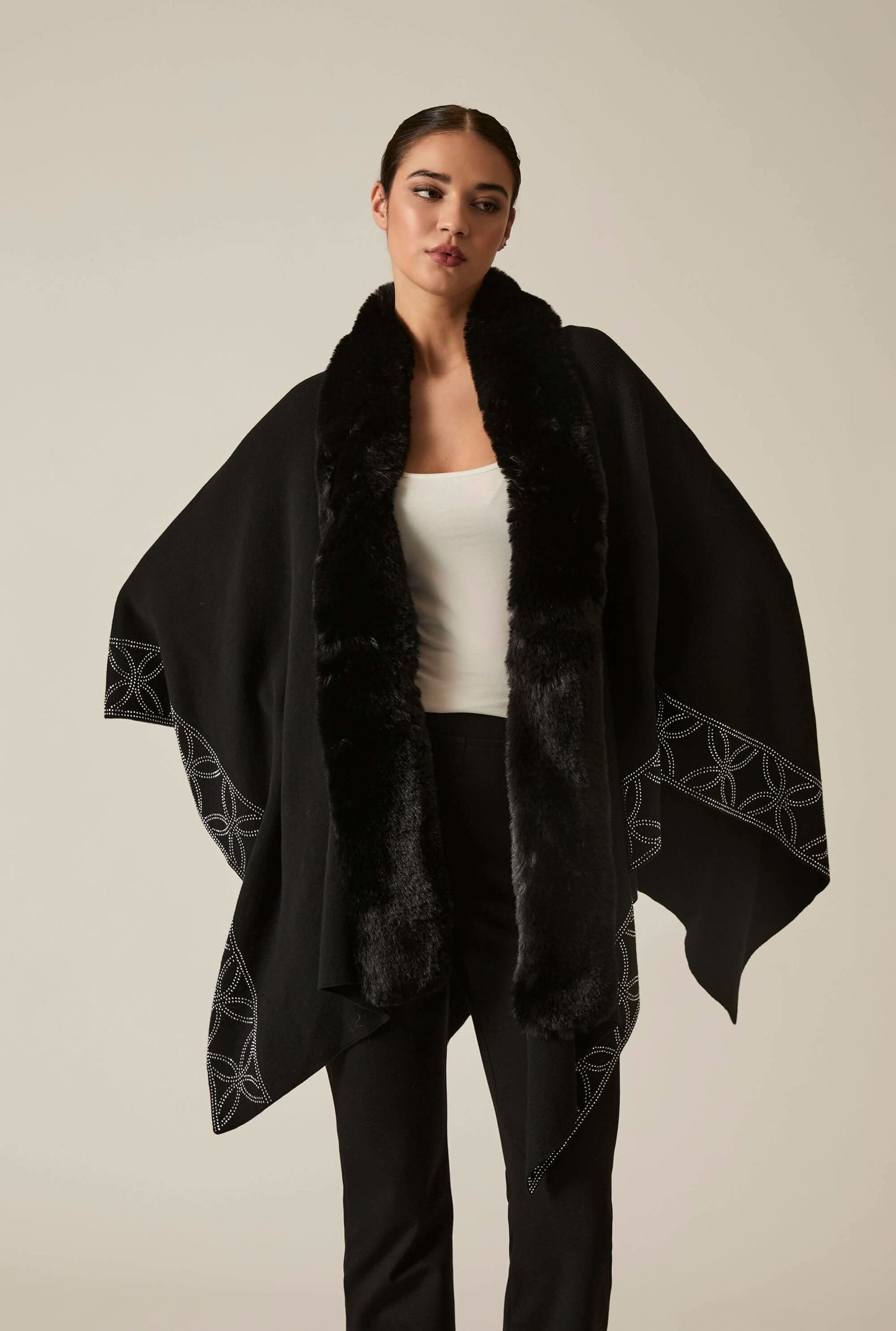 Crystal Edge Faux Fur Poncho