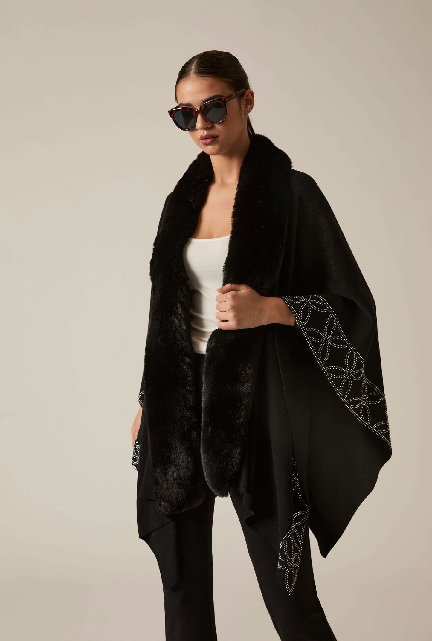 Crystal Edge Faux Fur Poncho