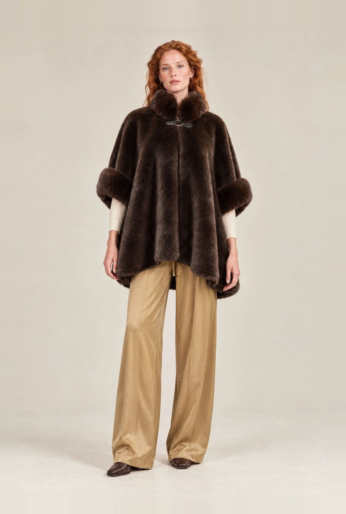 Dark Brown Faux Fur Buckle Cape