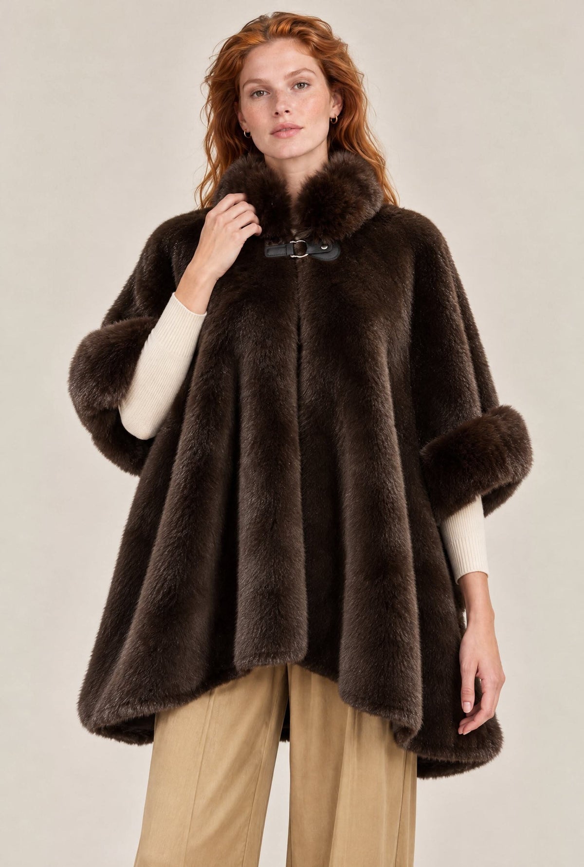 Dark Brown Faux Fur Buckle Cape