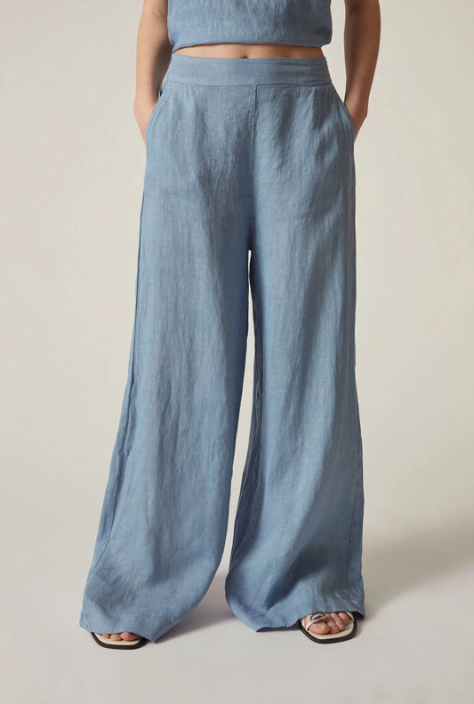 Denim Blue Linen Wide-Leg Trousers