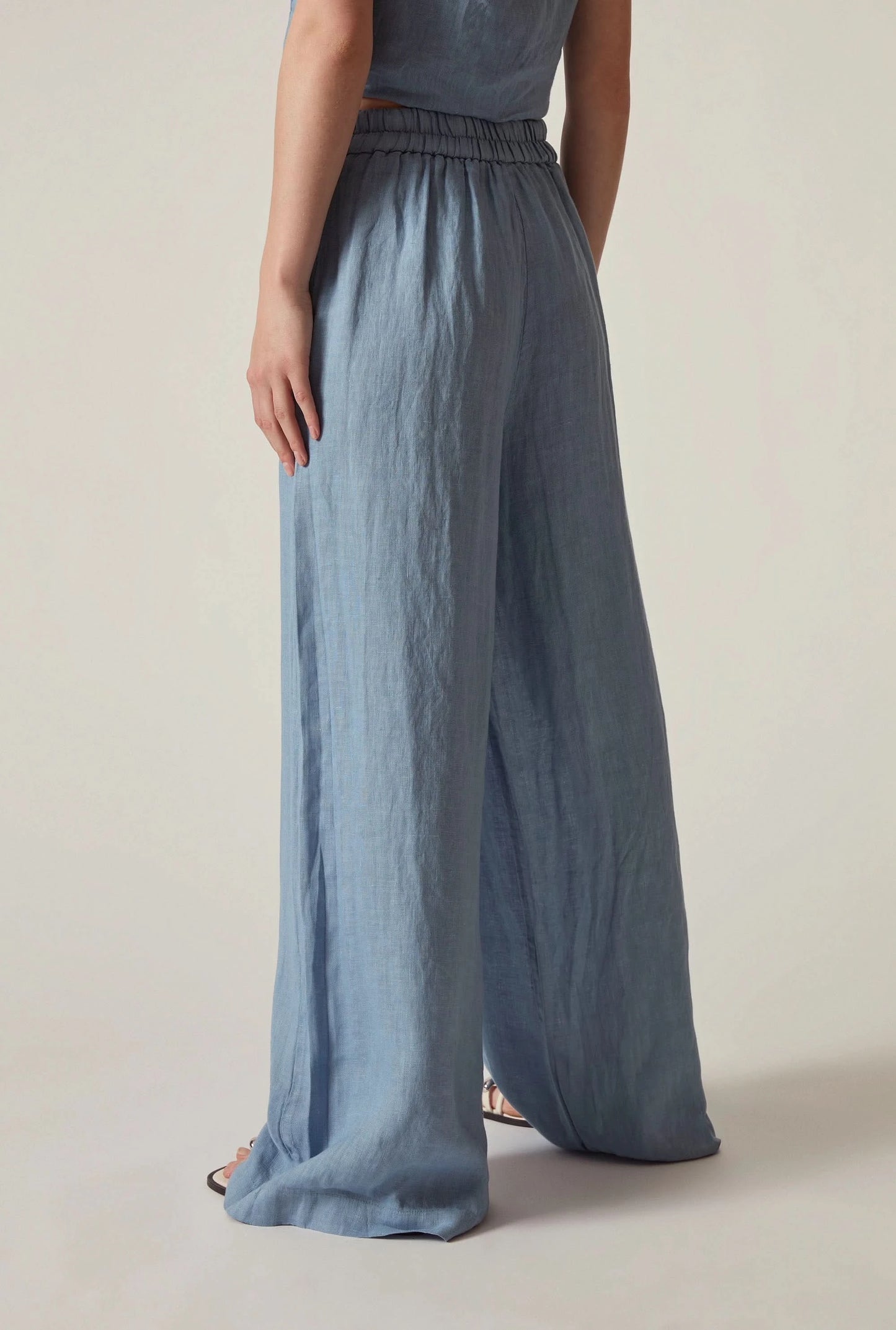 Denim Blue Linen Wide-Leg Trousers