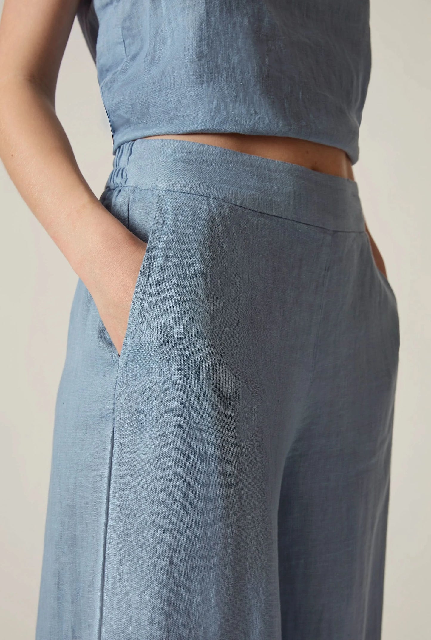 Denim Blue Linen Wide-Leg Trousers