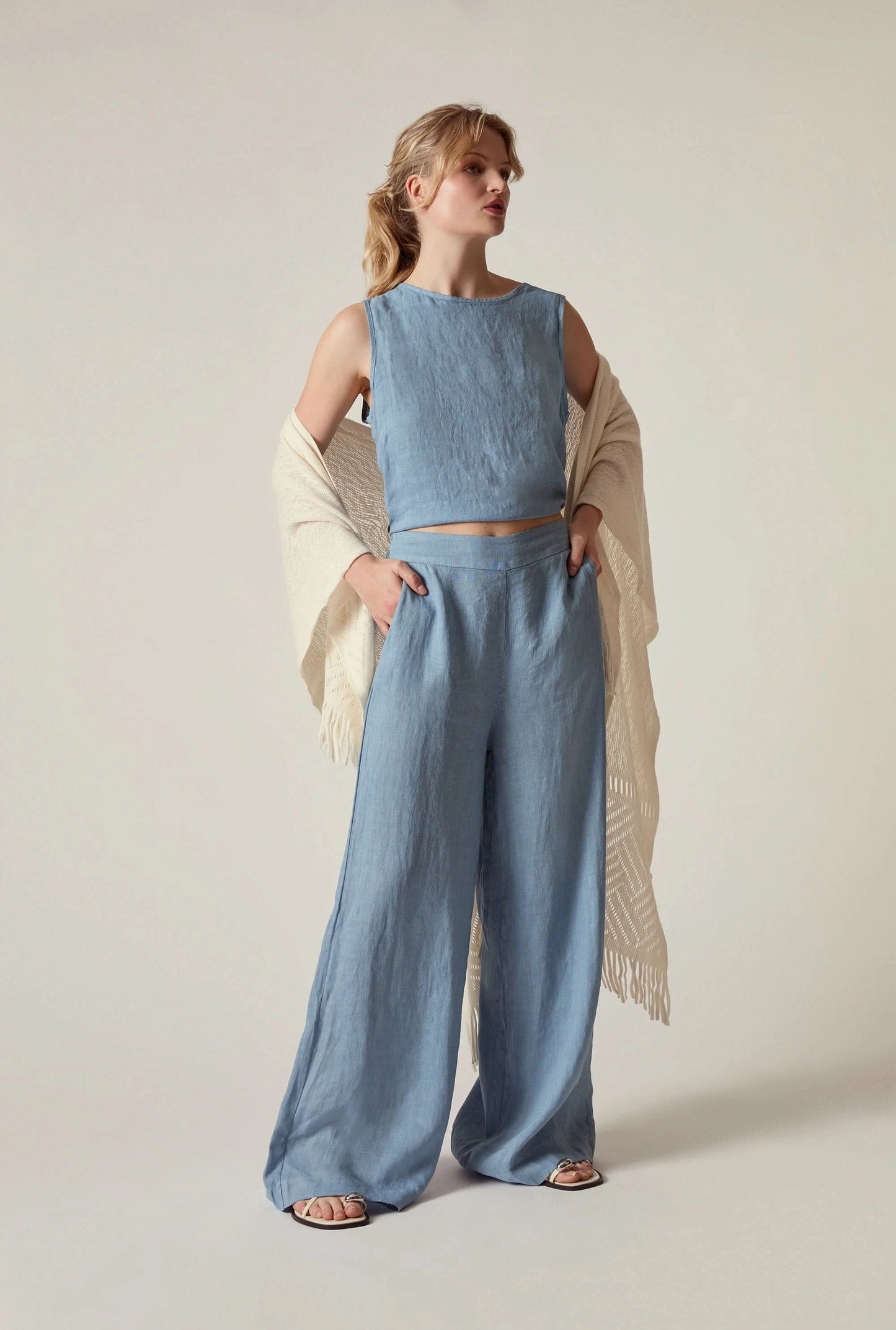 Denim Blue Linen Wide-Leg Trousers