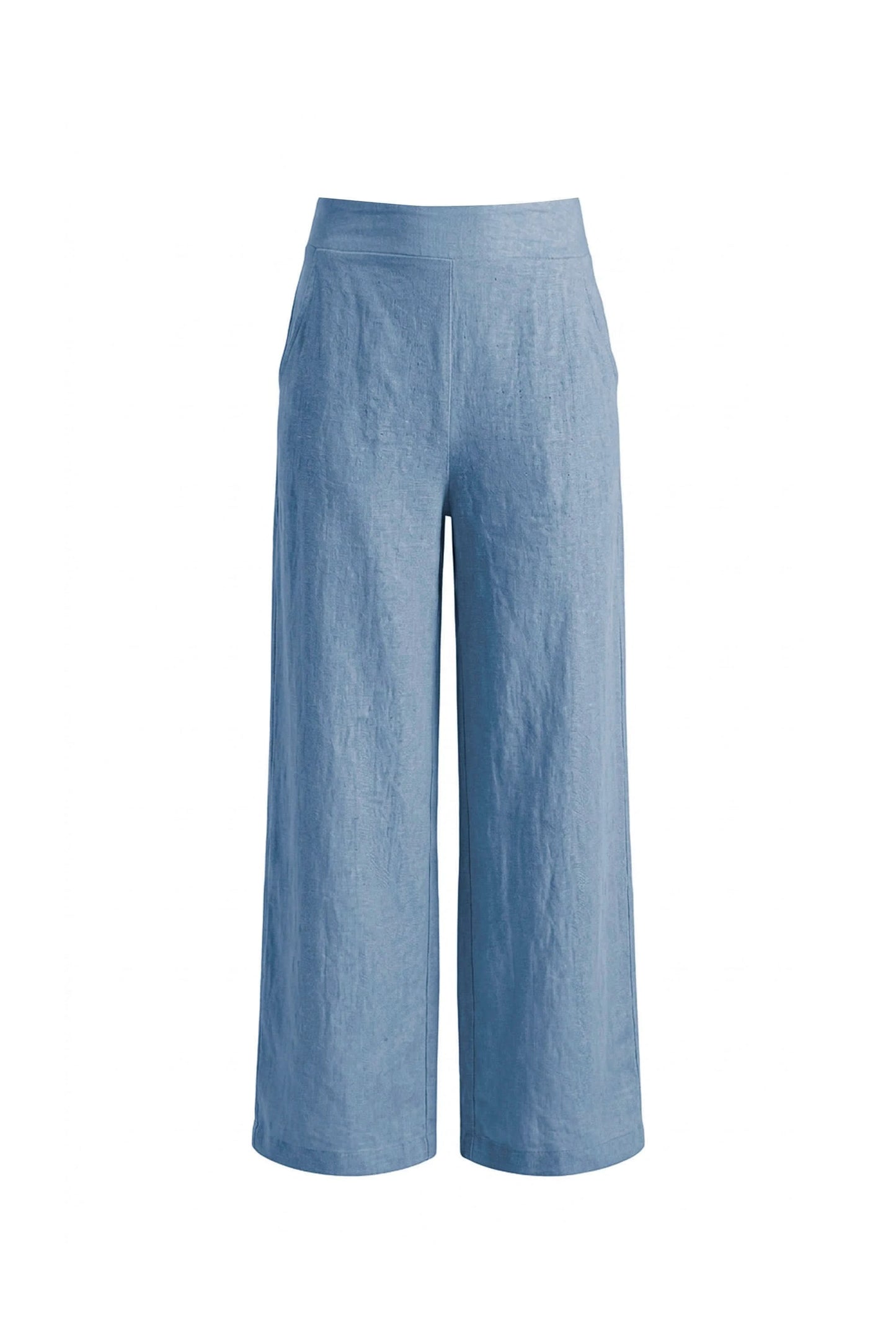 Denim Blue Linen Wide-Leg Trousers