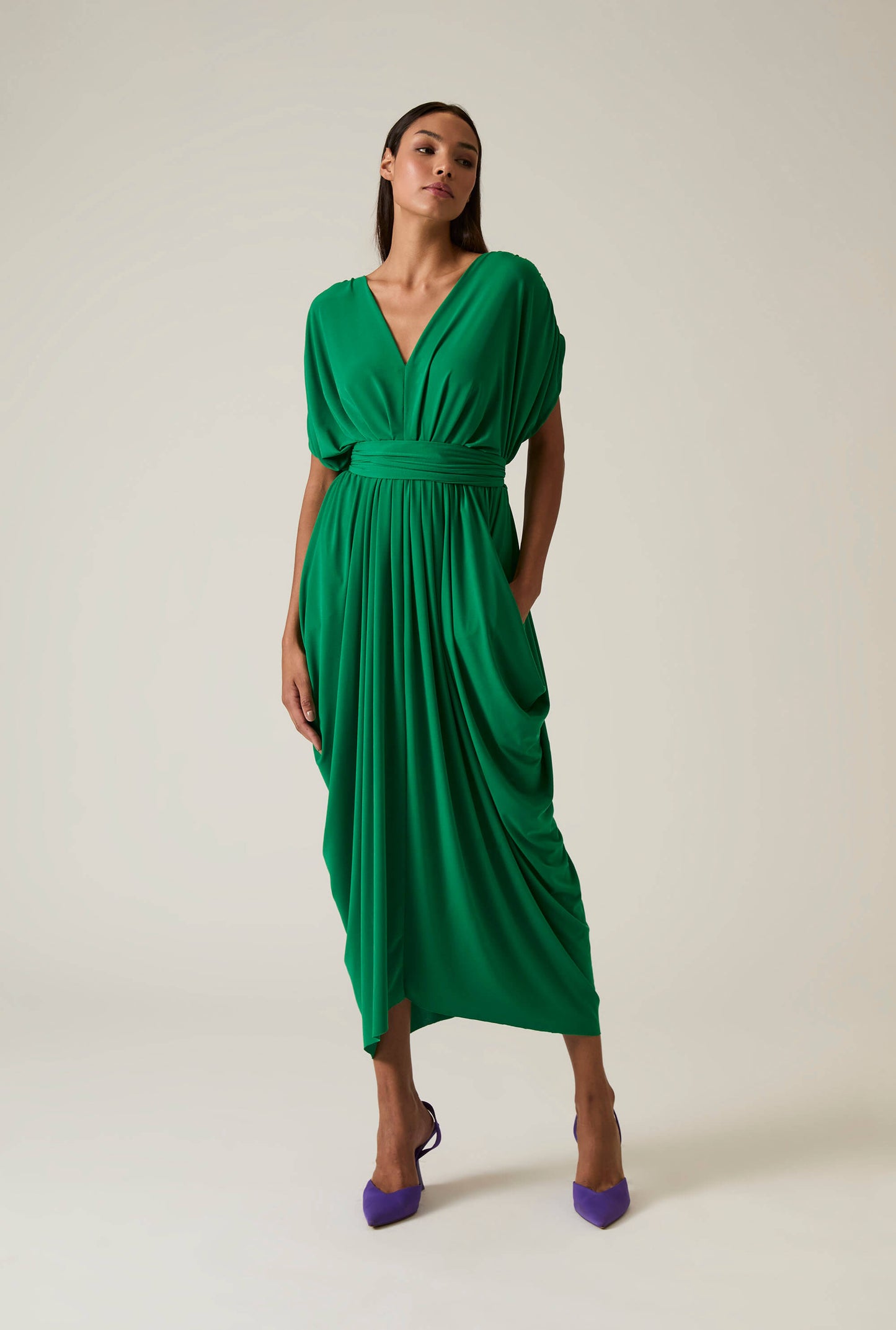 Draped Emerald Green Midi Dress