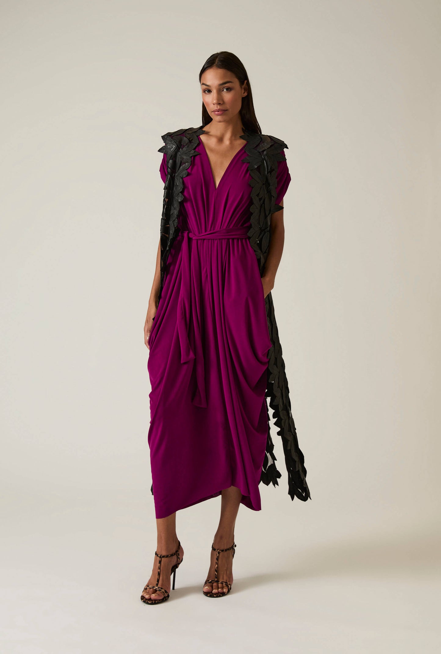 Draped Magenta Purple Midi Dress