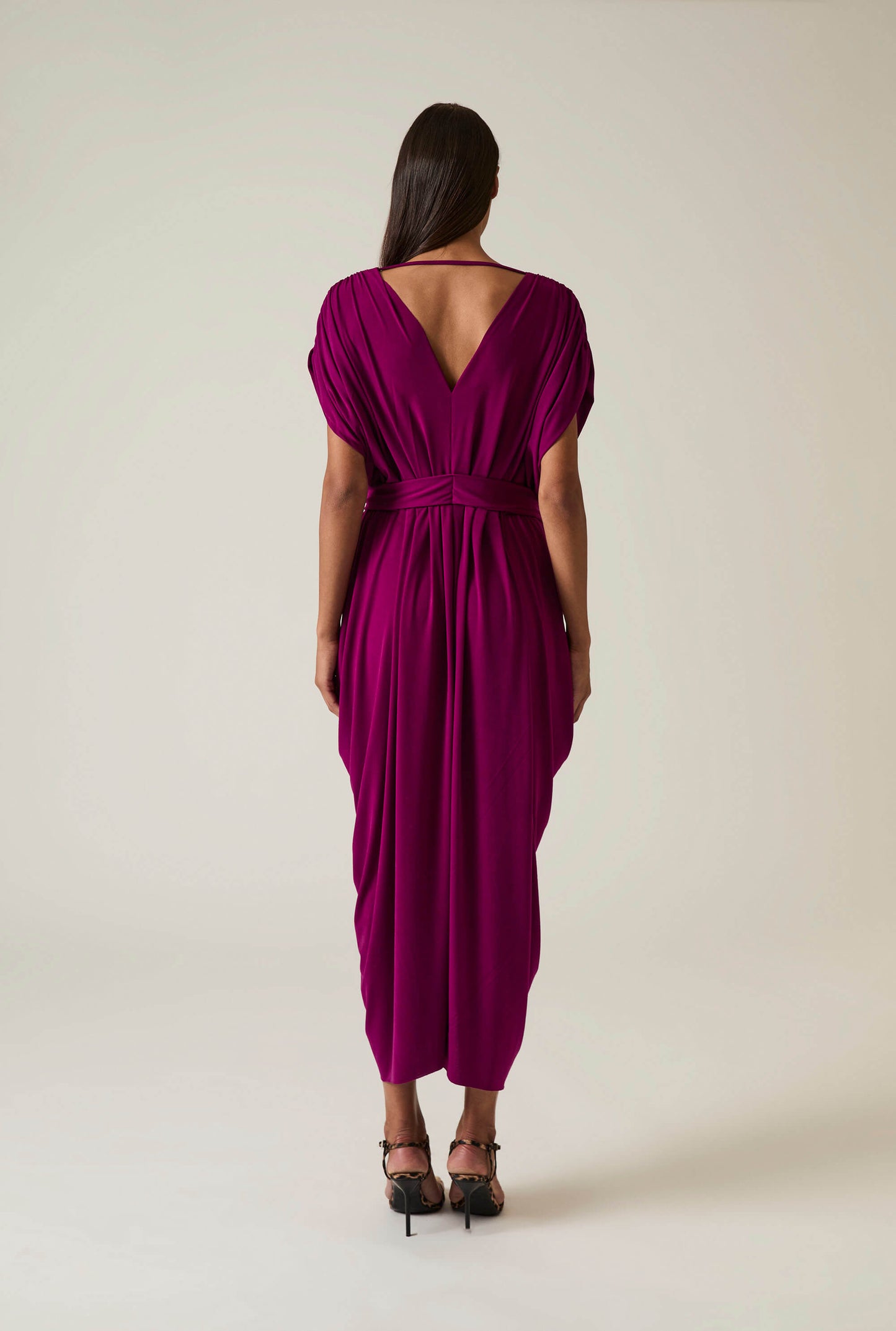 Draped Magenta Purple Midi Dress