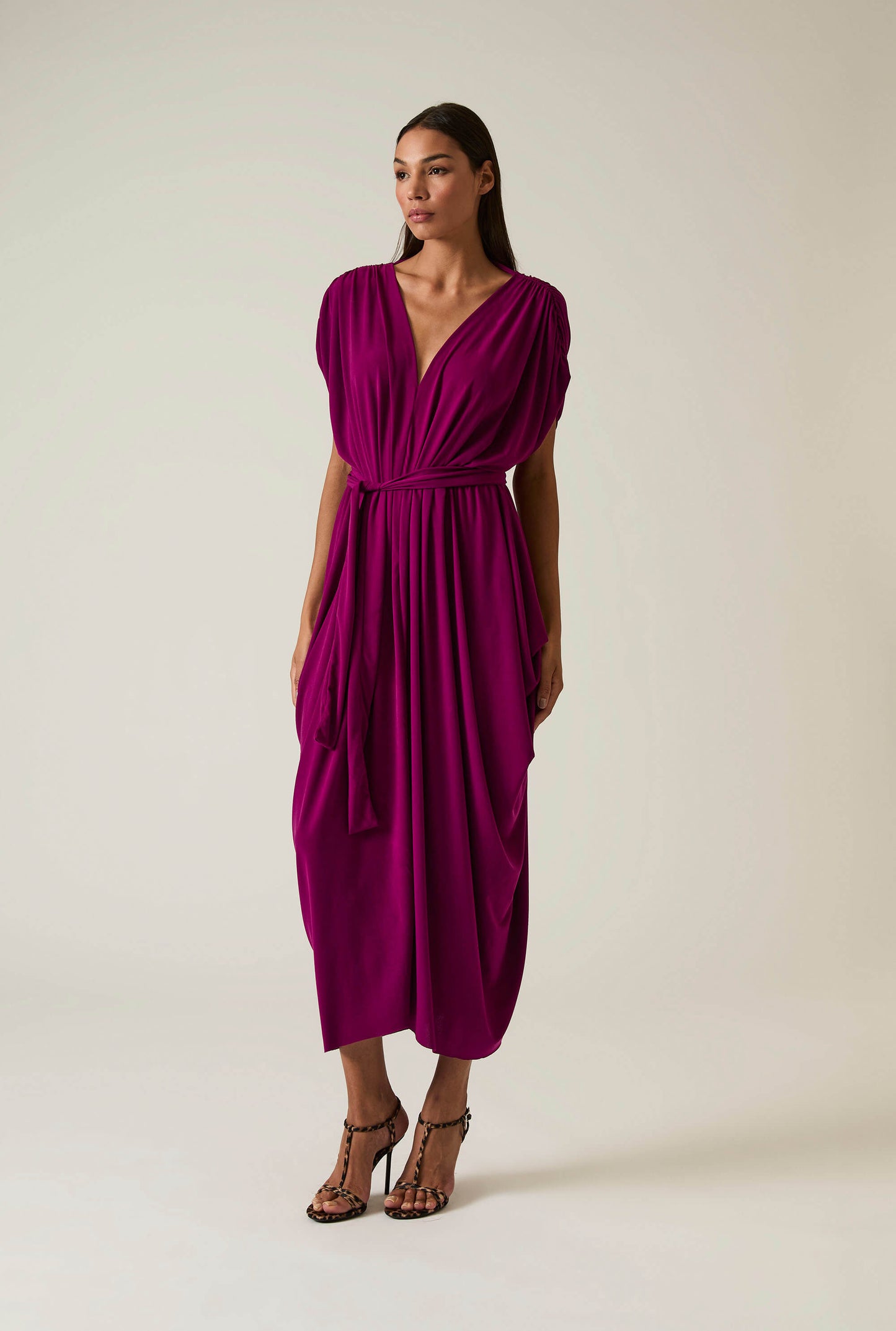 Draped Magenta Purple Midi Dress