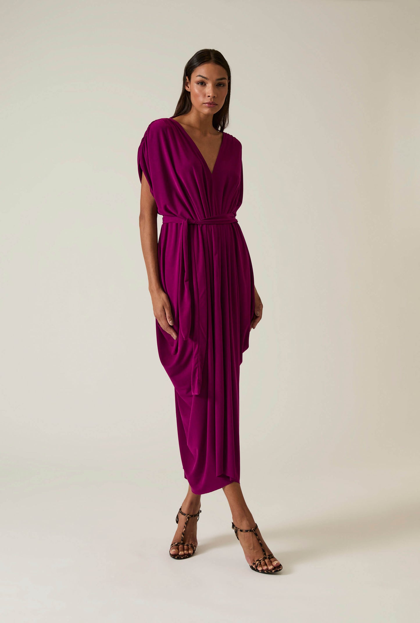 Draped Magenta Purple Midi Dress