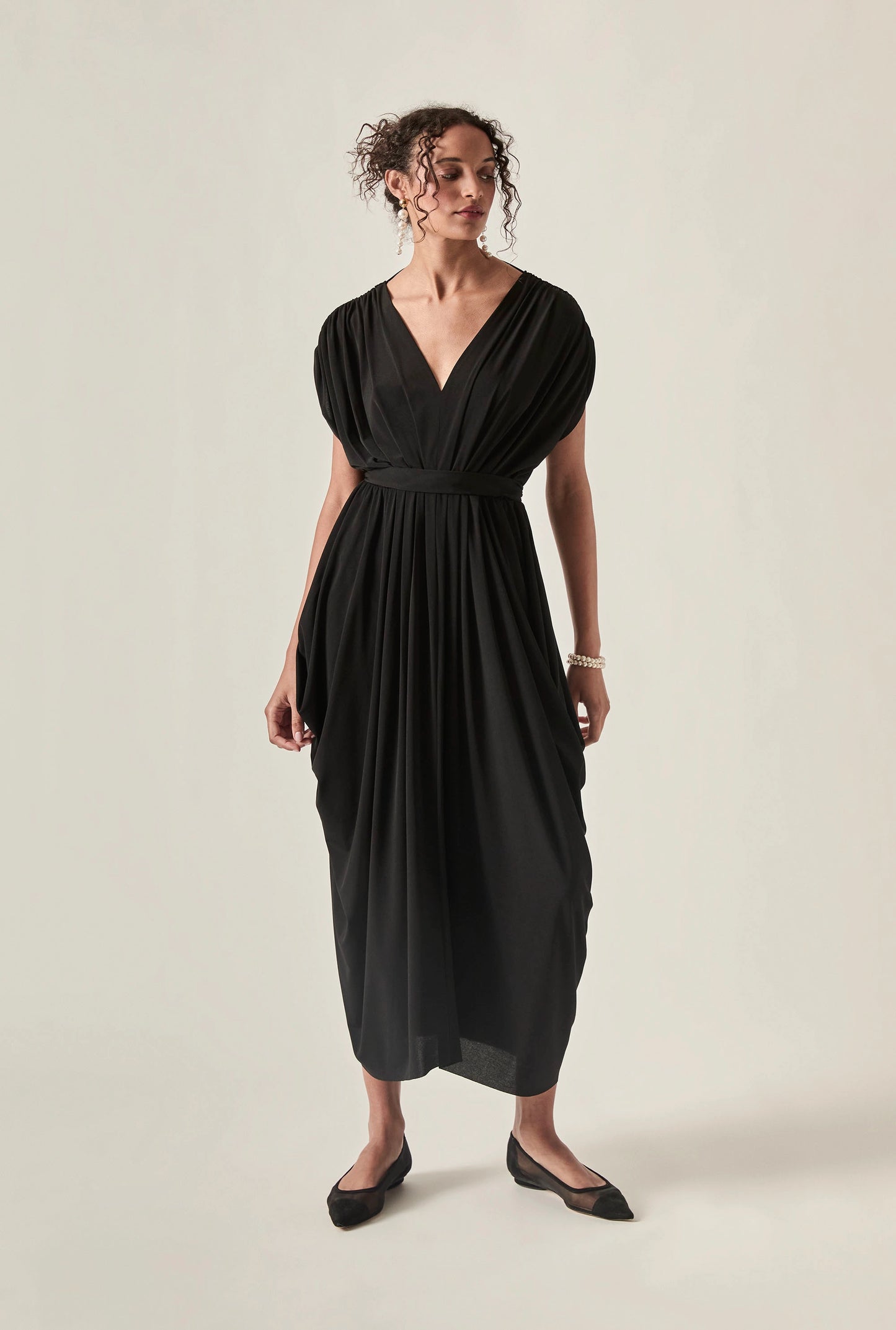 Draped Open-Back Midi Dress – Black