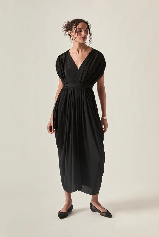 Draped Open-Back Midi Dress – Black
