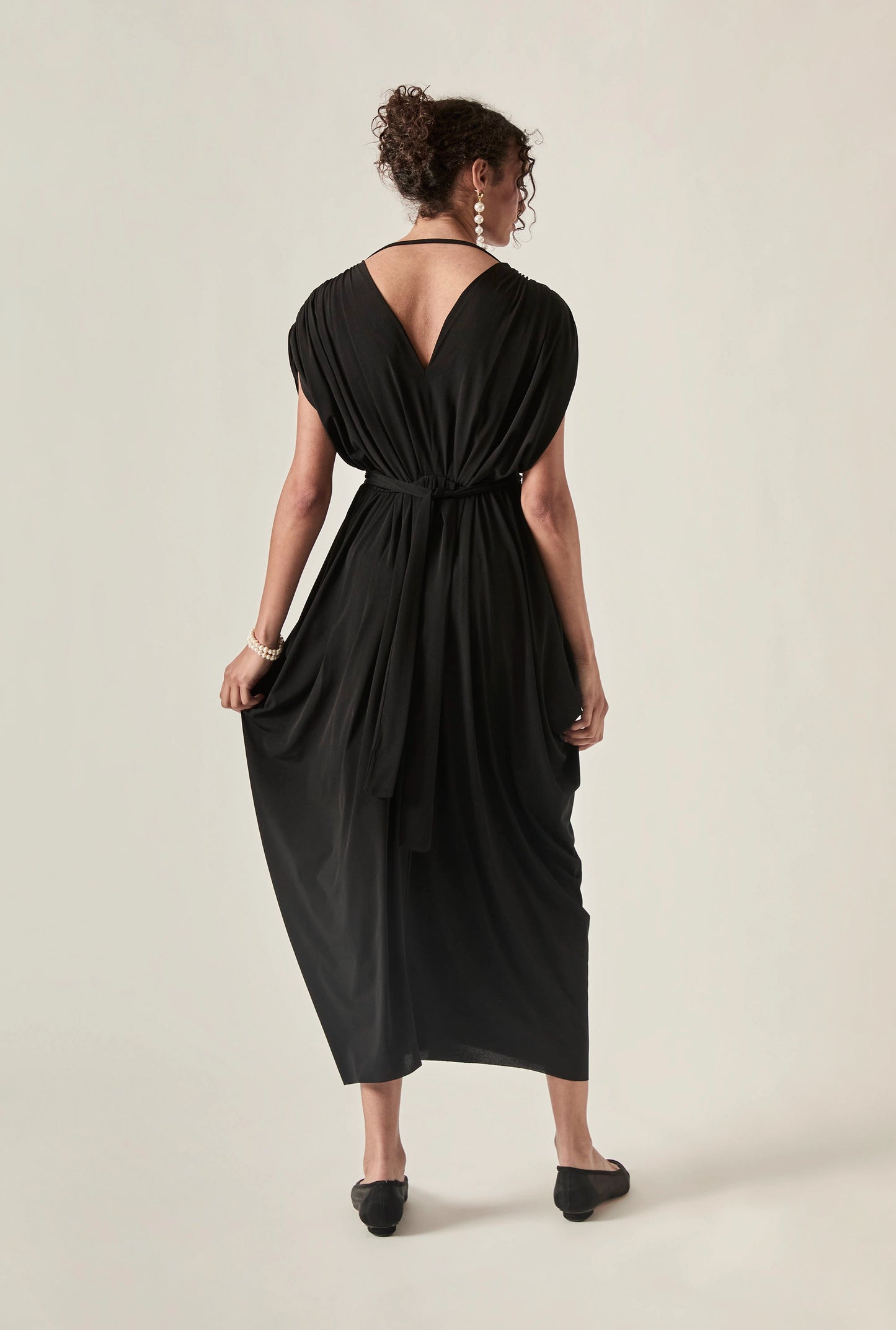 Draped Open-Back Midi Dress – Black