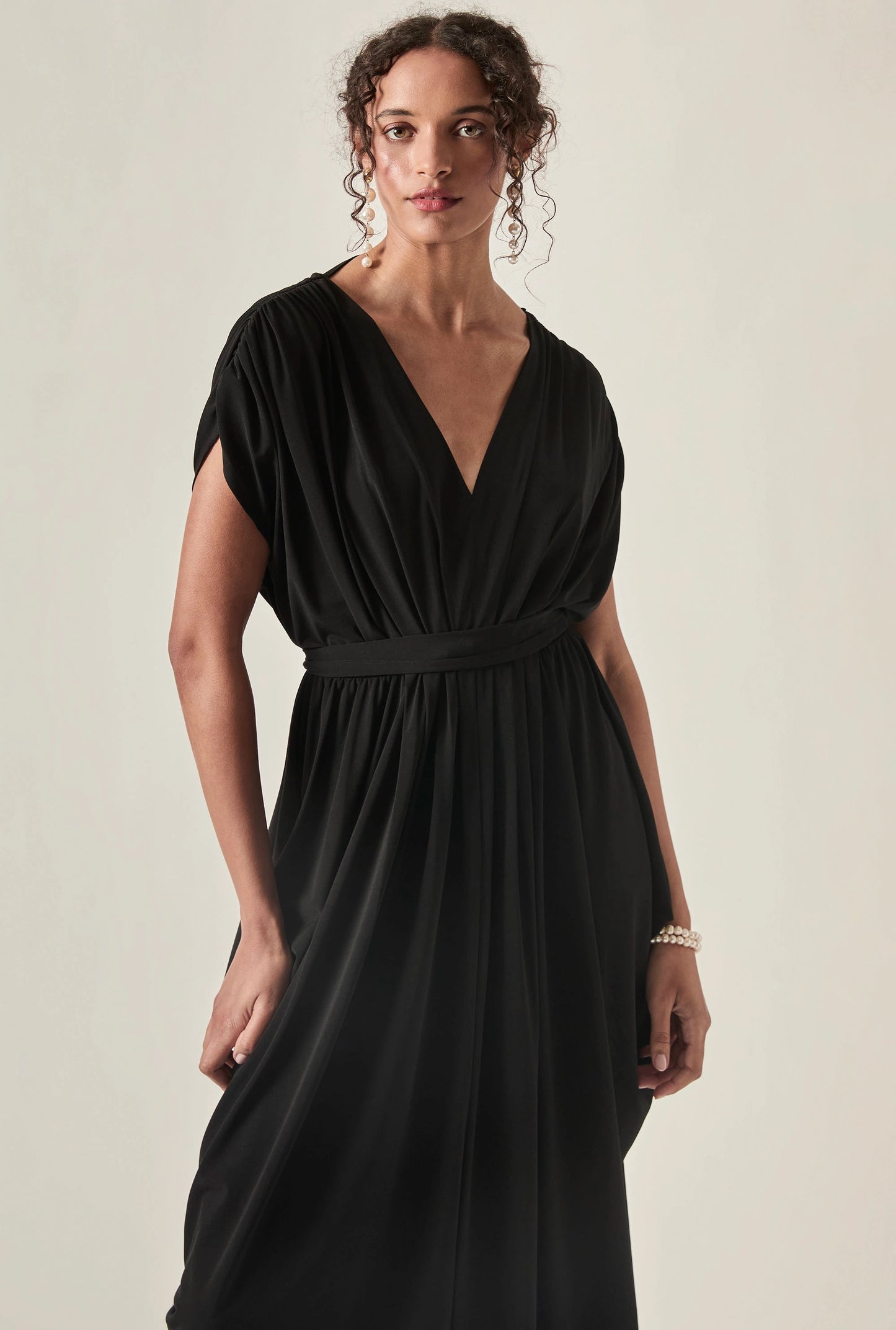 Draped Open-Back Midi Dress – Black