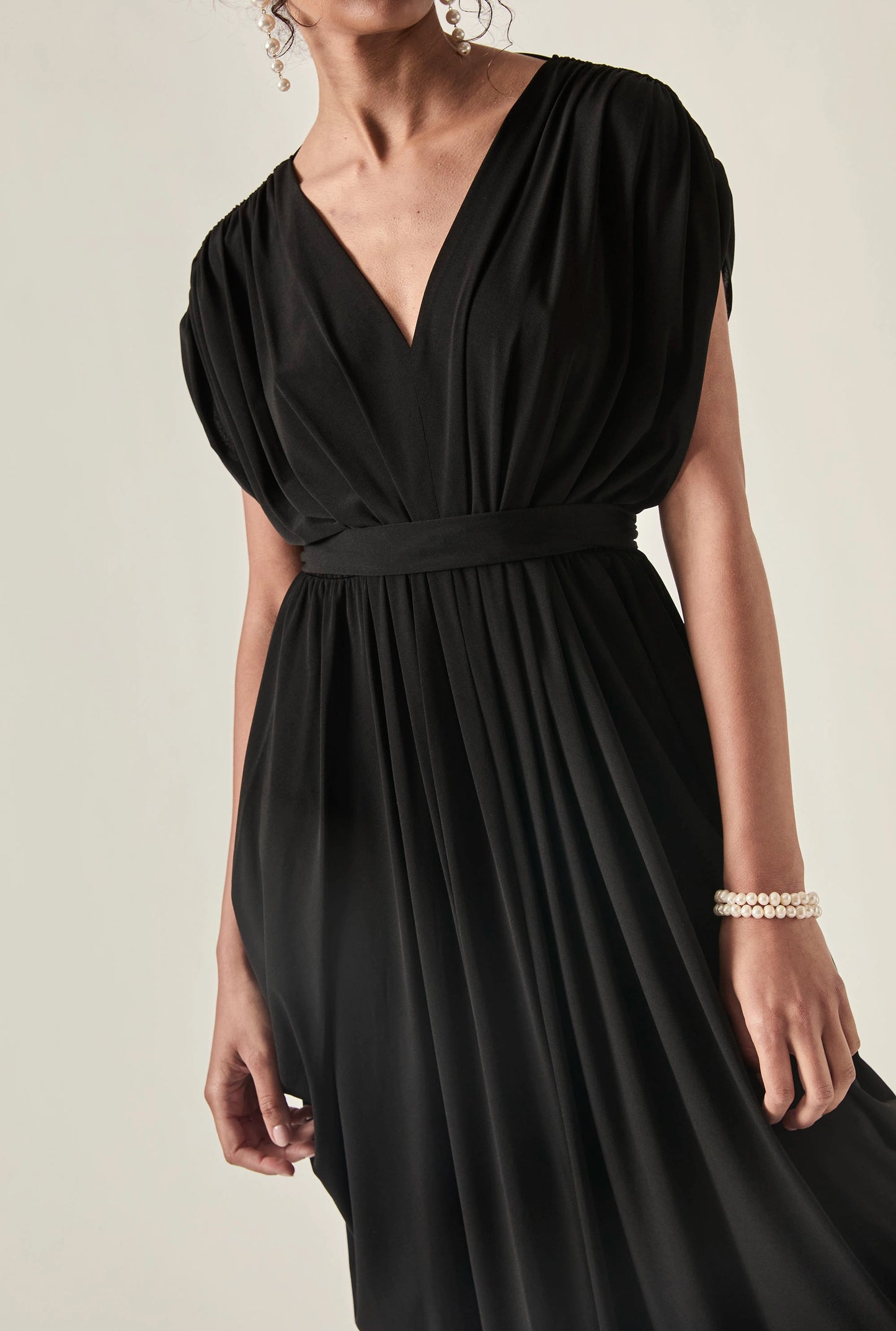 Draped Open-Back Midi Dress – Black