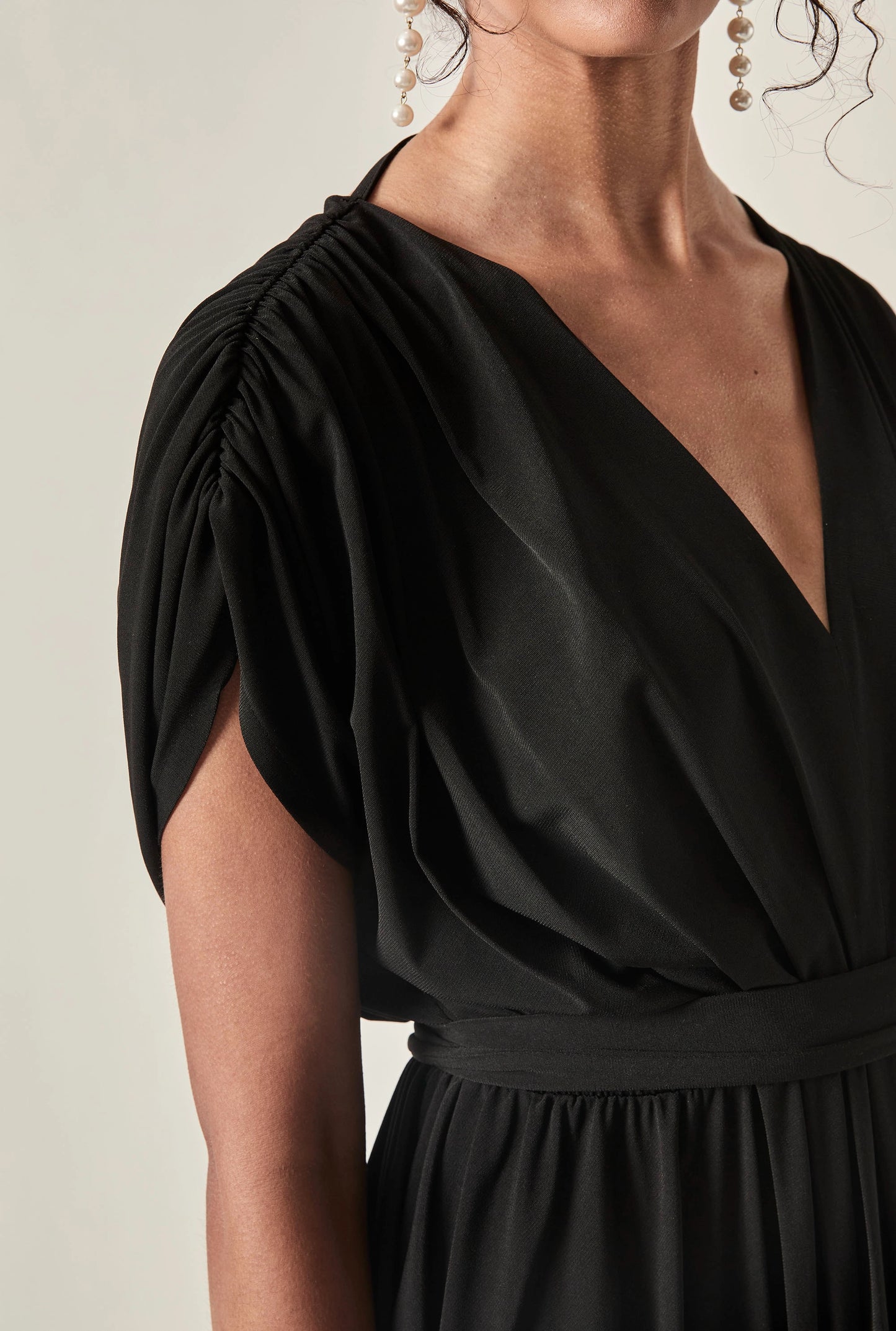 Draped Open-Back Midi Dress – Black