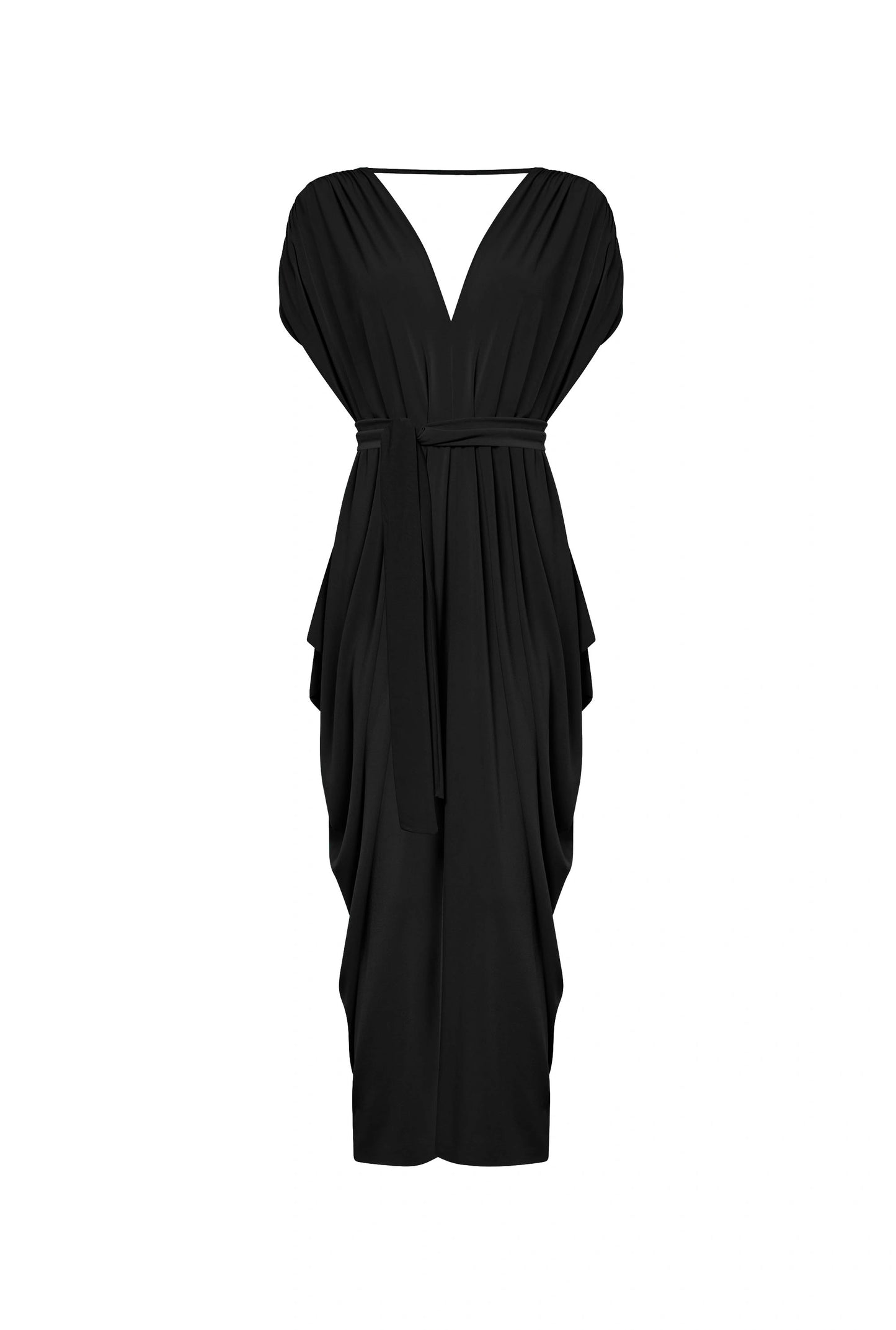 Draped Open-Back Midi Dress – Black