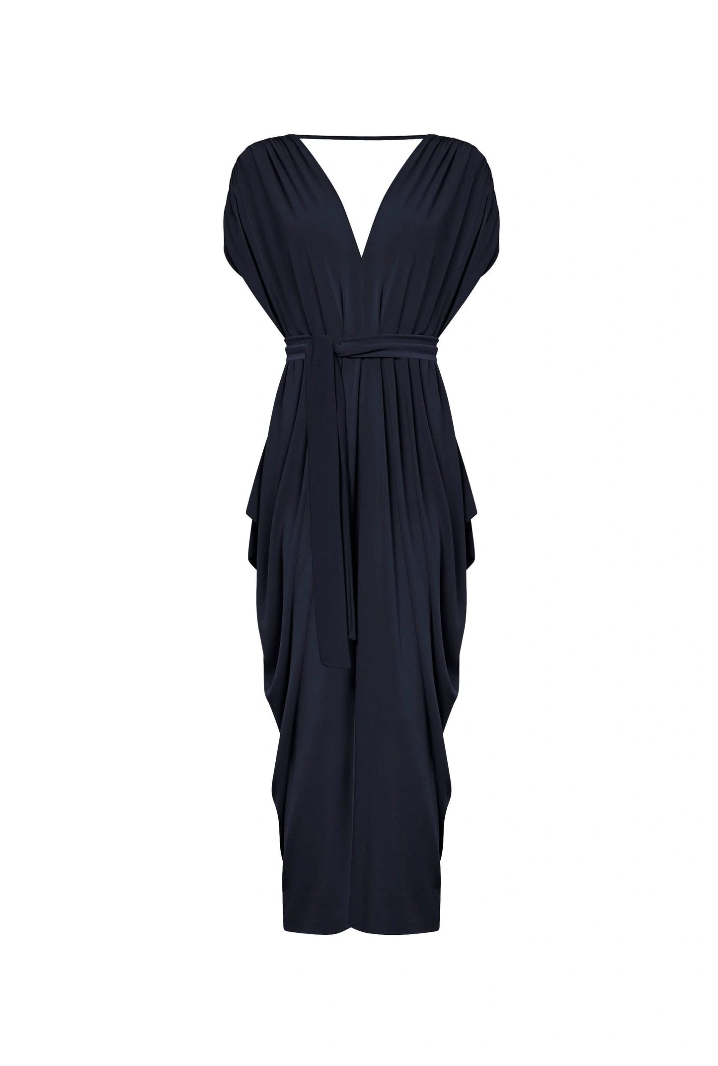 Invisible mannequin shot of the Draped Open-Back Midi Dress in Navy by James Lakeland