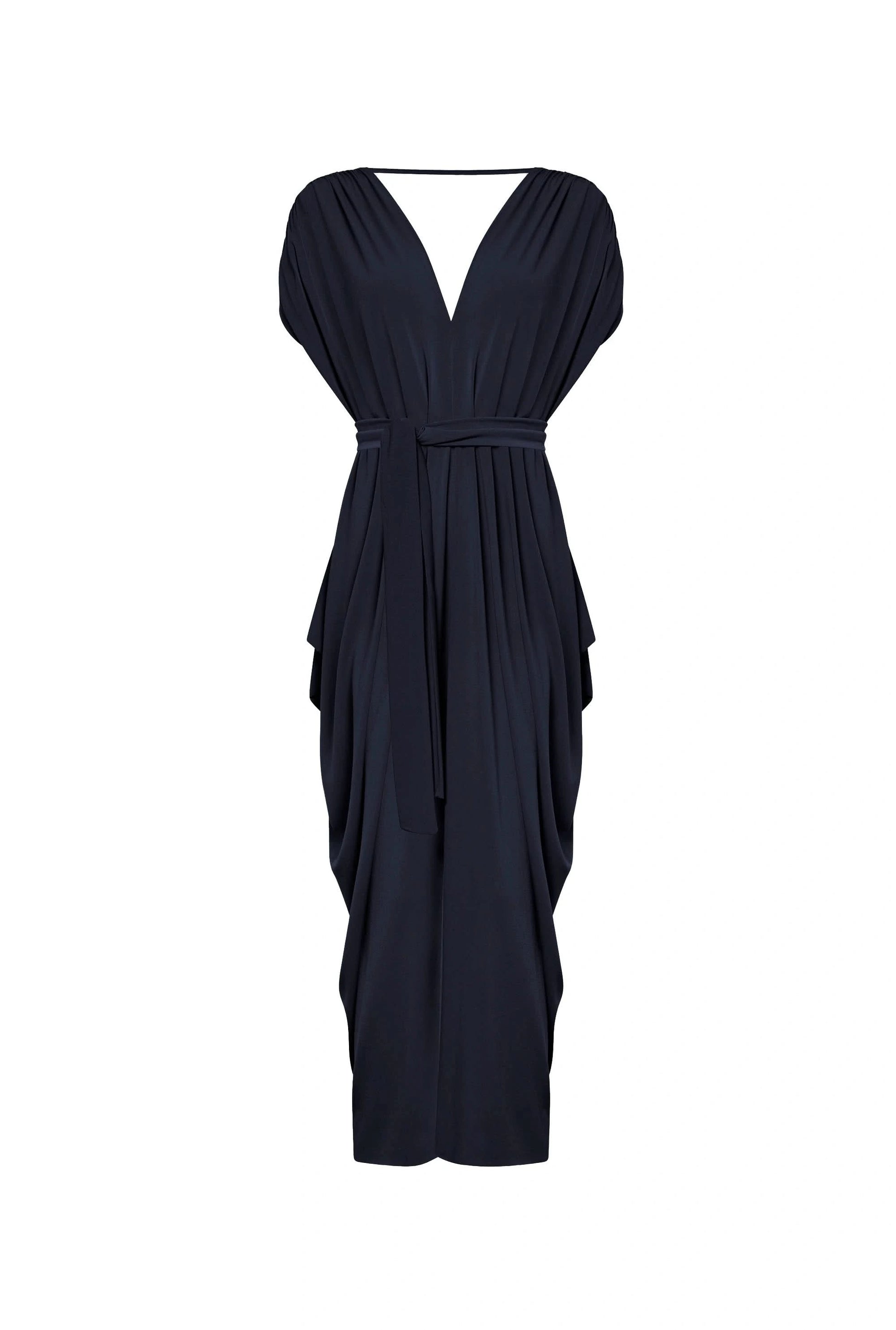 Invisible mannequin shot of the Draped Open-Back Midi Dress in Navy by James Lakeland