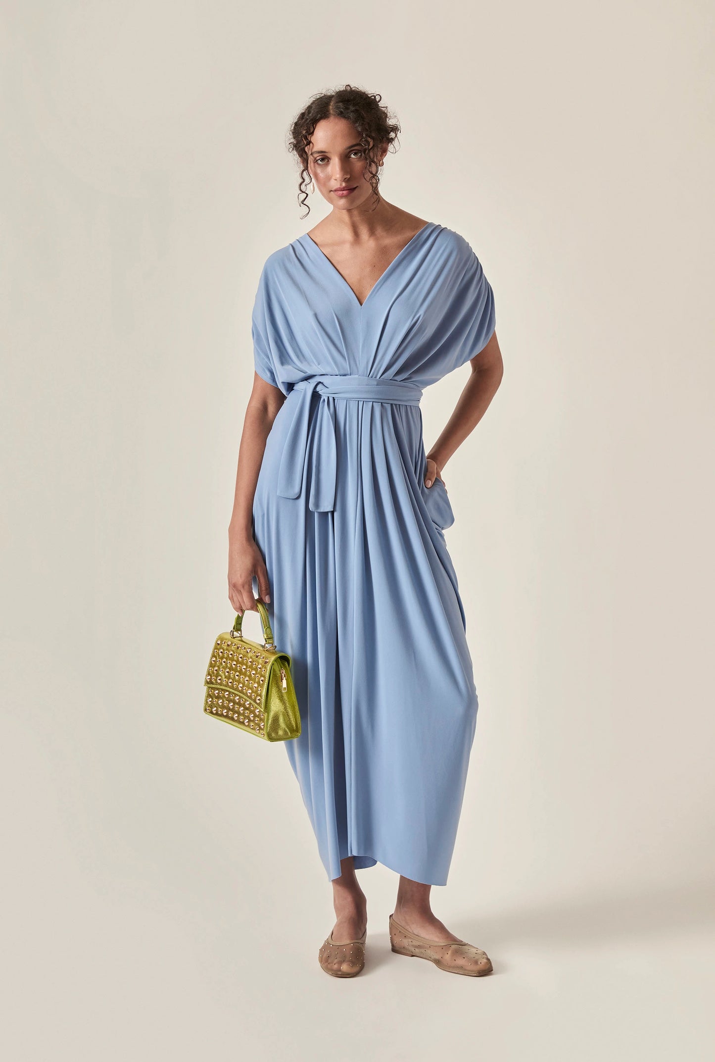 Draped Open-Back Midi Dress – Powder Blue