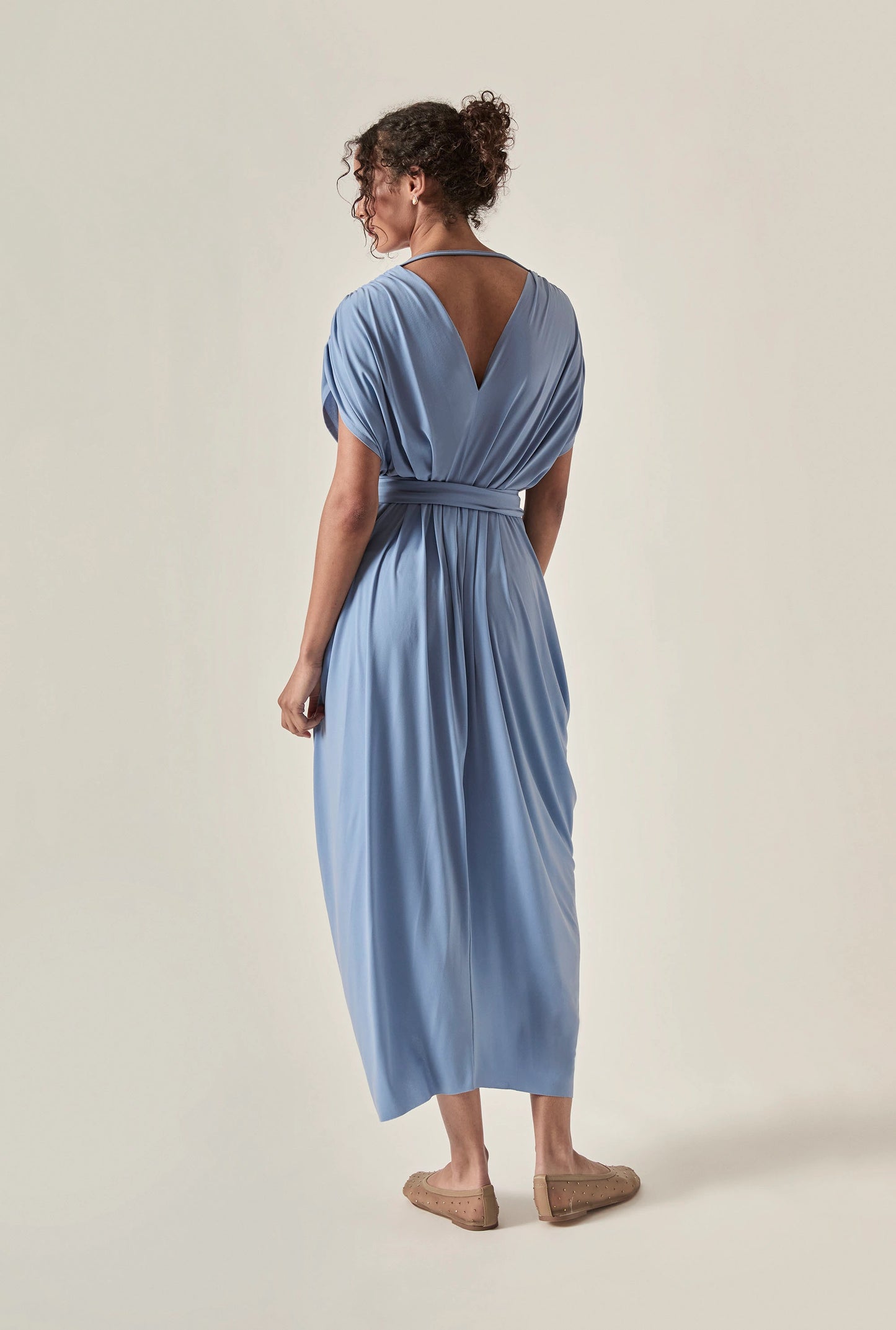 Draped Open-Back Midi Dress – Powder Blue