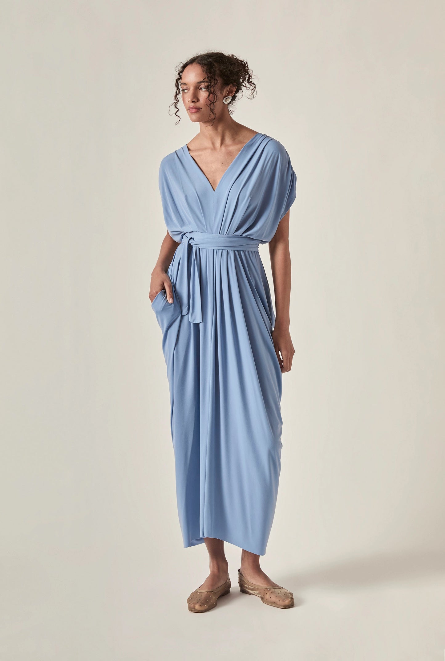 Draped Open-Back Midi Dress – Powder Blue