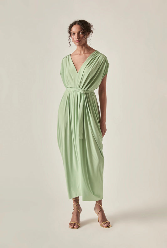 Draped Open-Back Midi Dress – Sage Green