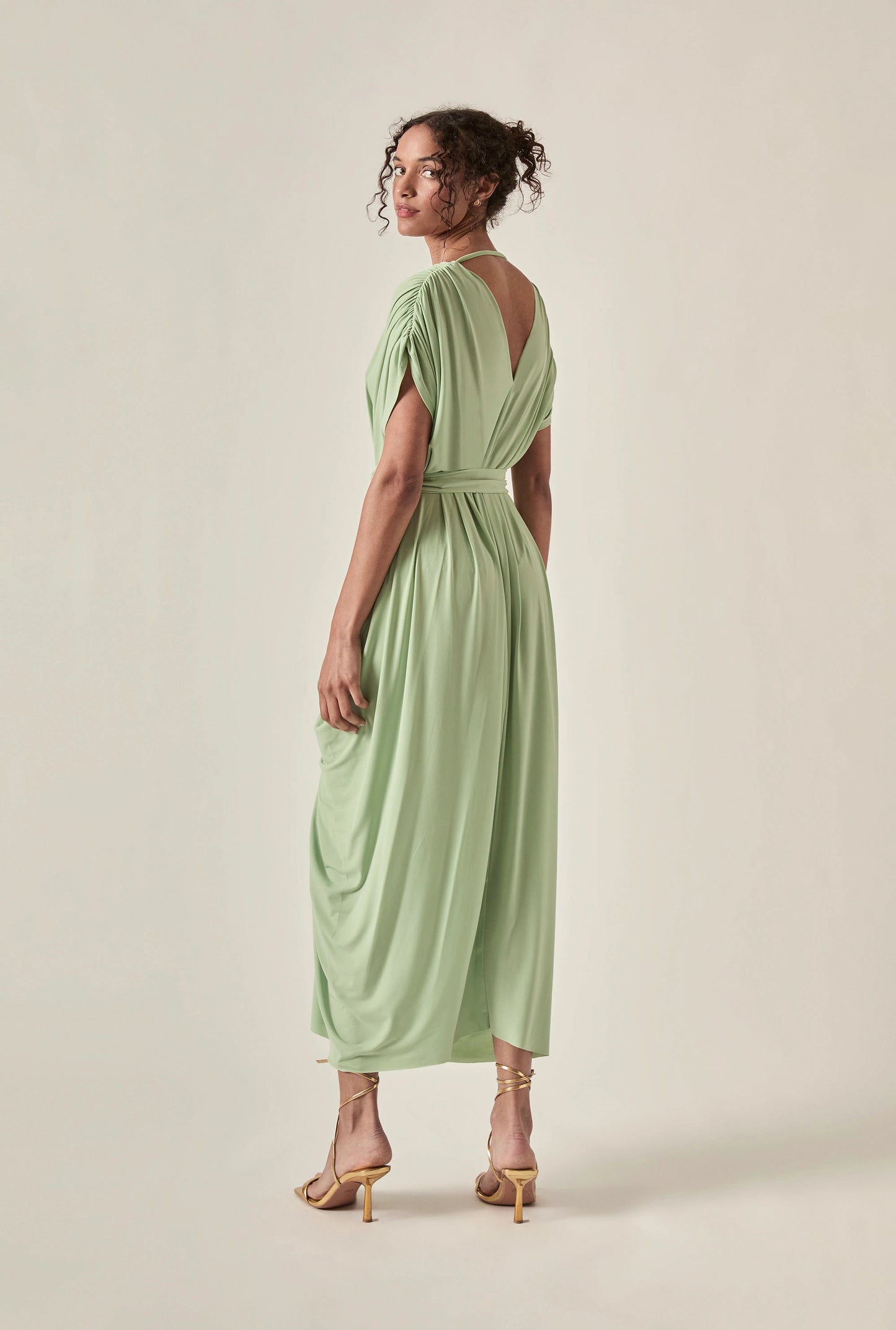 Draped Open-Back Midi Dress – Sage Green