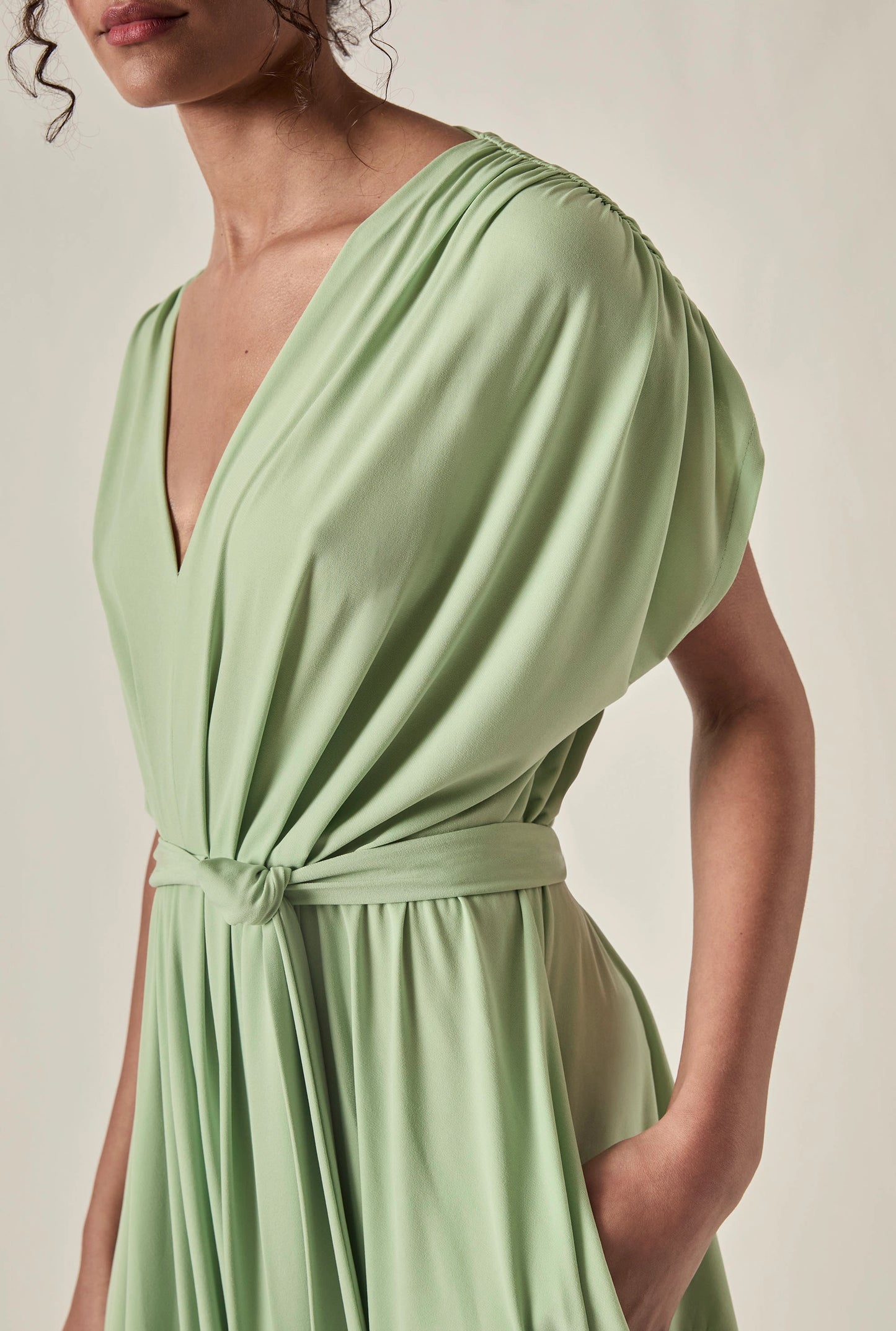 Draped Open-Back Midi Dress – Sage Green