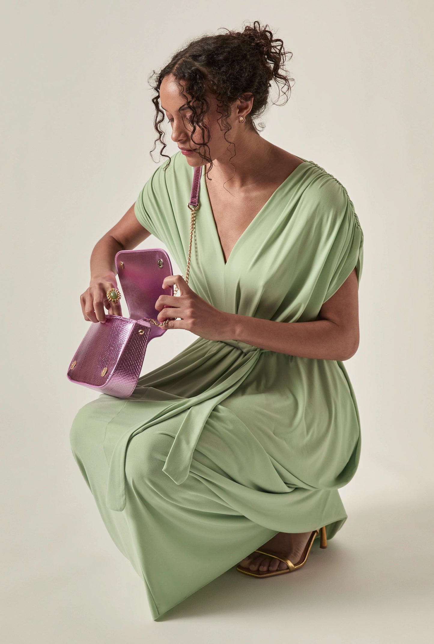 Draped Open-Back Midi Dress – Sage Green