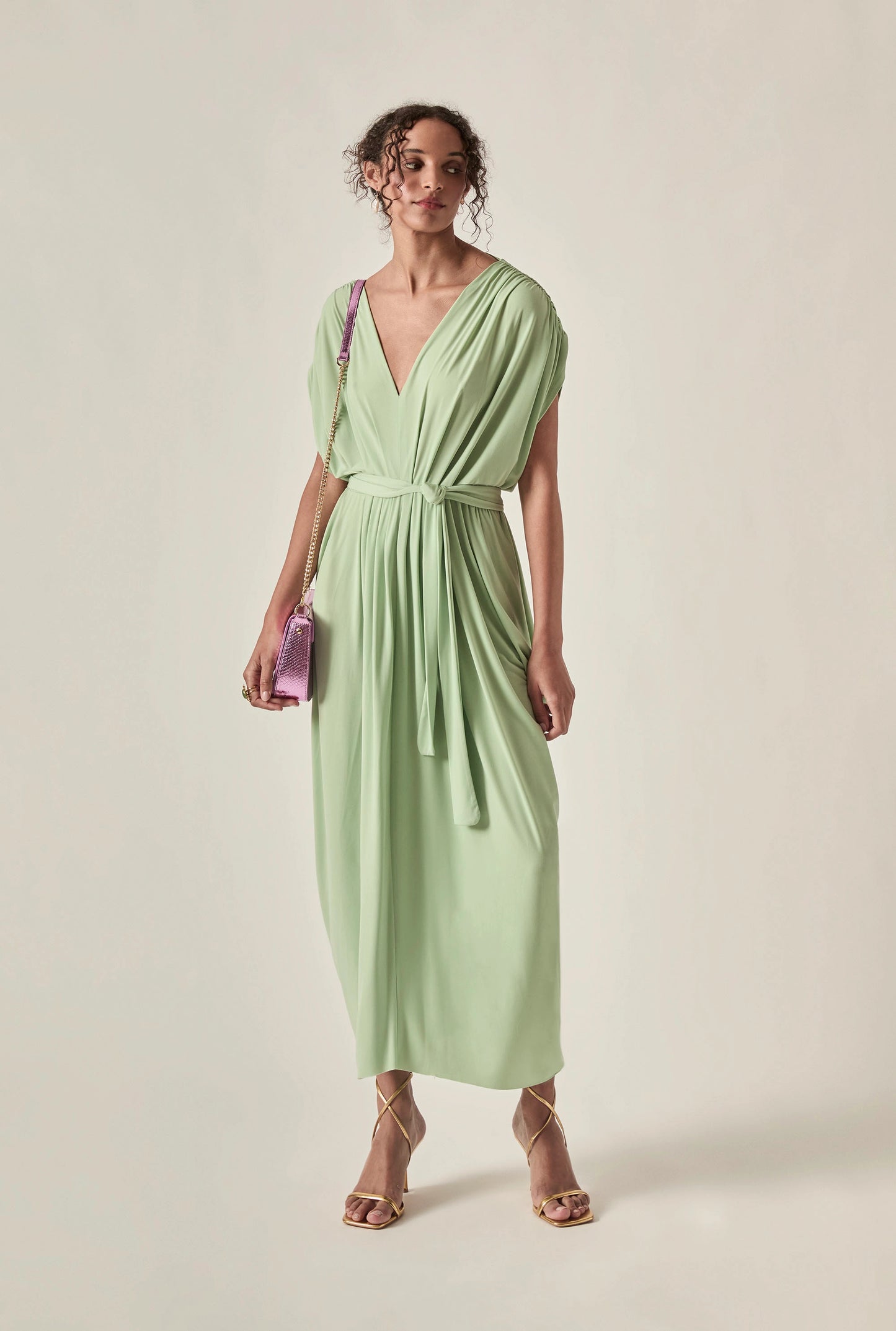 Draped Open-Back Midi Dress – Sage Green