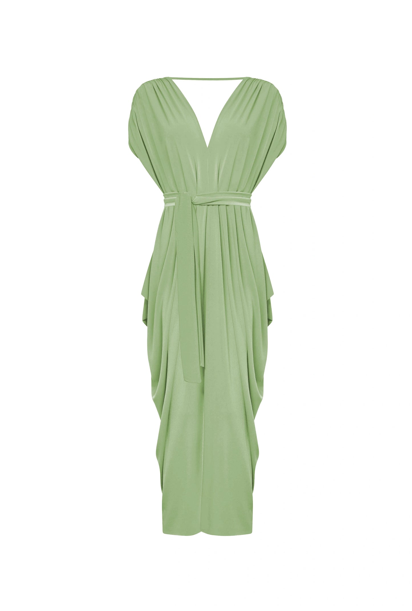 Draped Open-Back Midi Dress – Sage Green