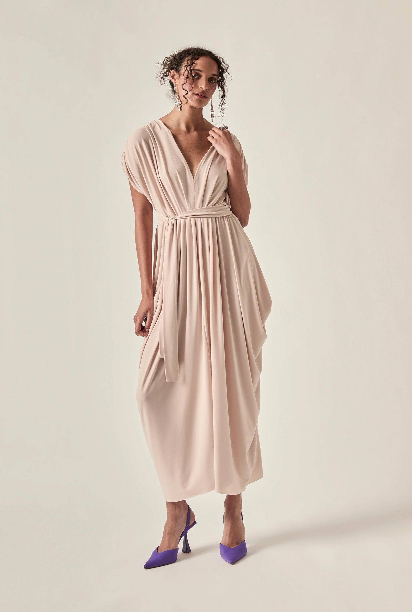 Draped Open-Back Midi Dress – Taupe