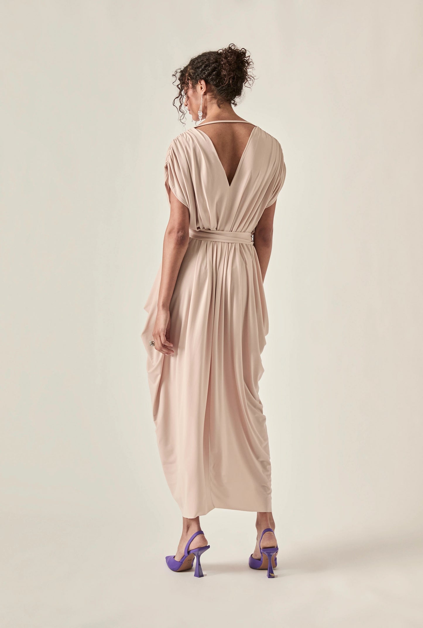 Draped Open-Back Midi Dress – Taupe