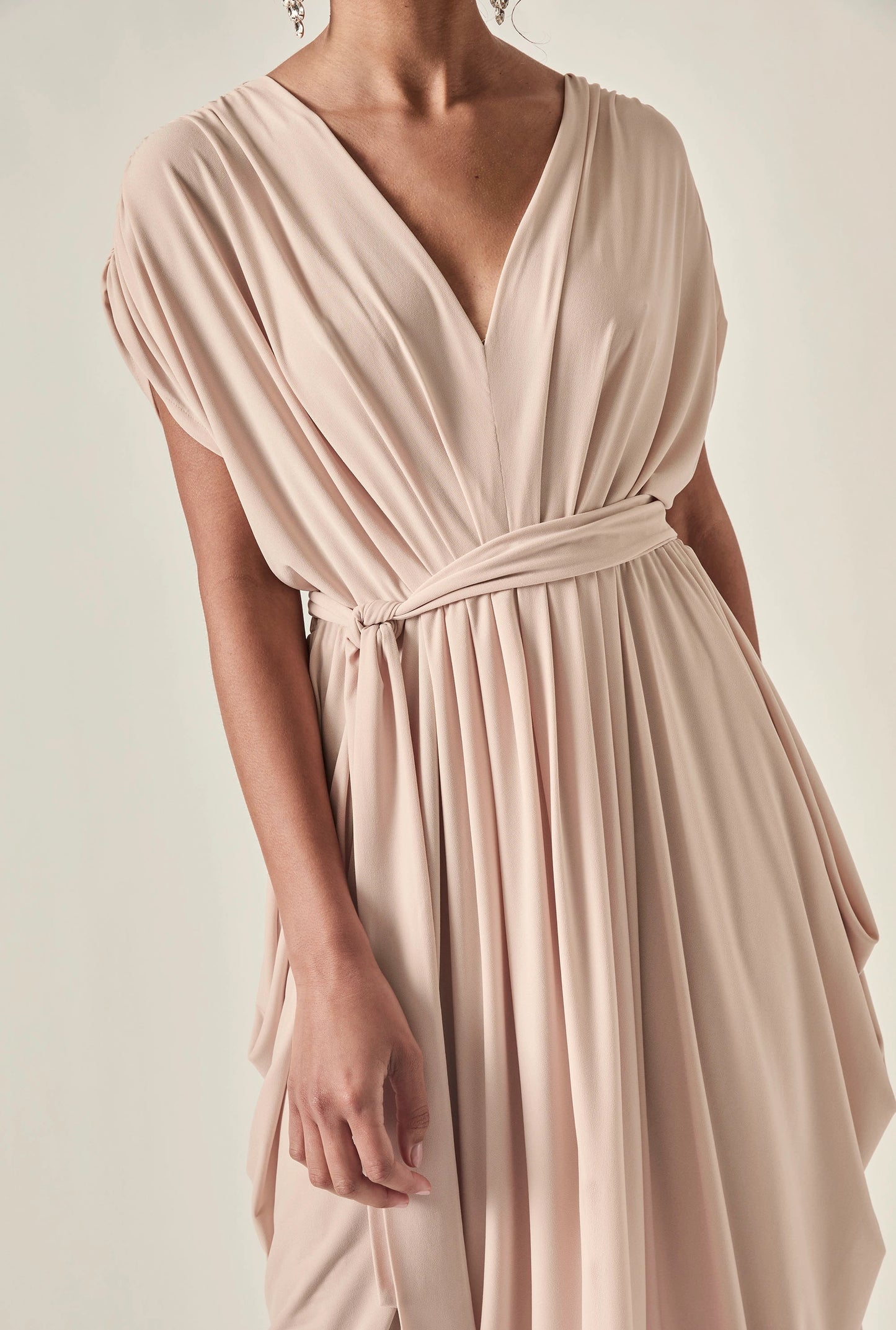 Draped Open-Back Midi Dress – Taupe
