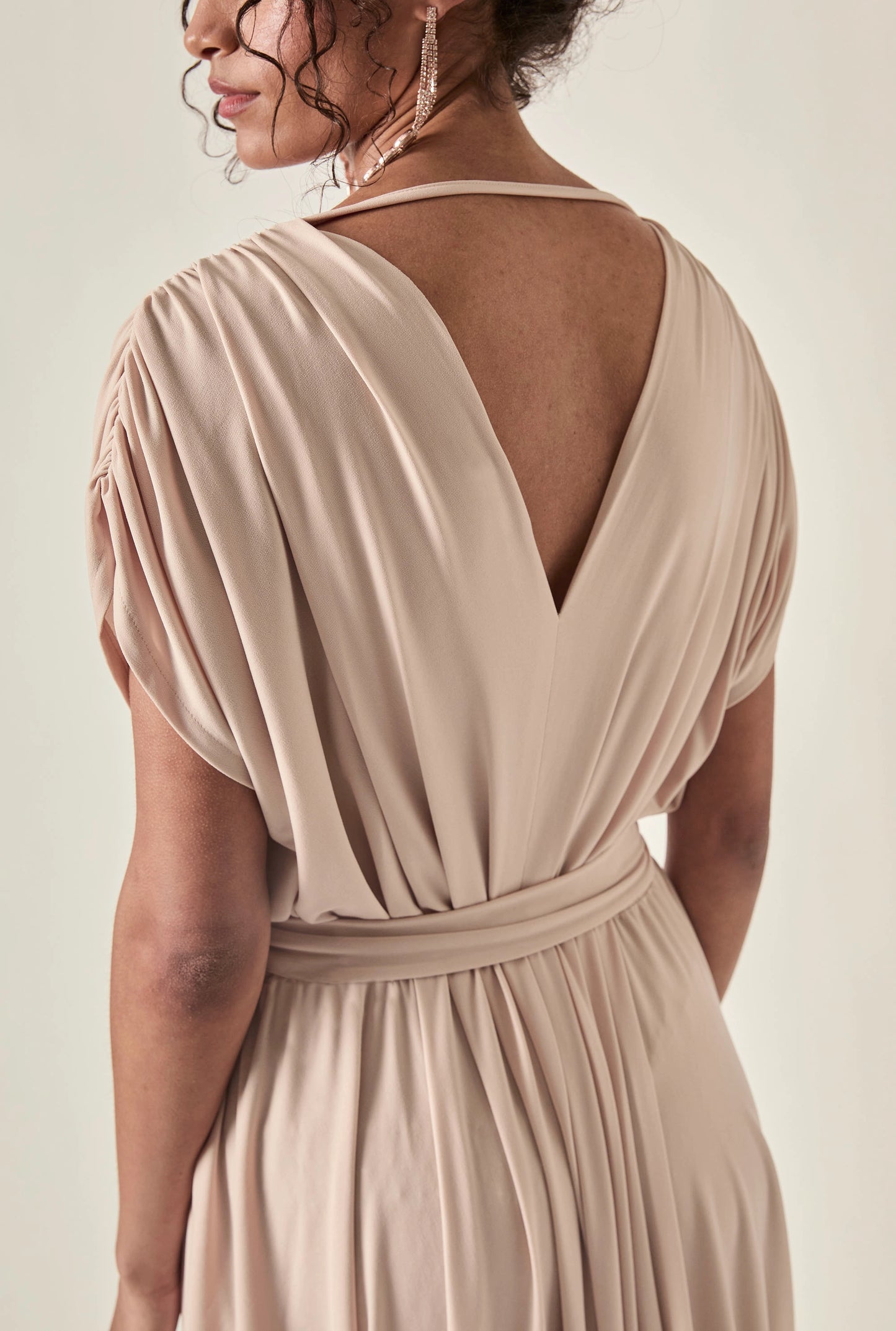 Draped Open-Back Midi Dress – Taupe