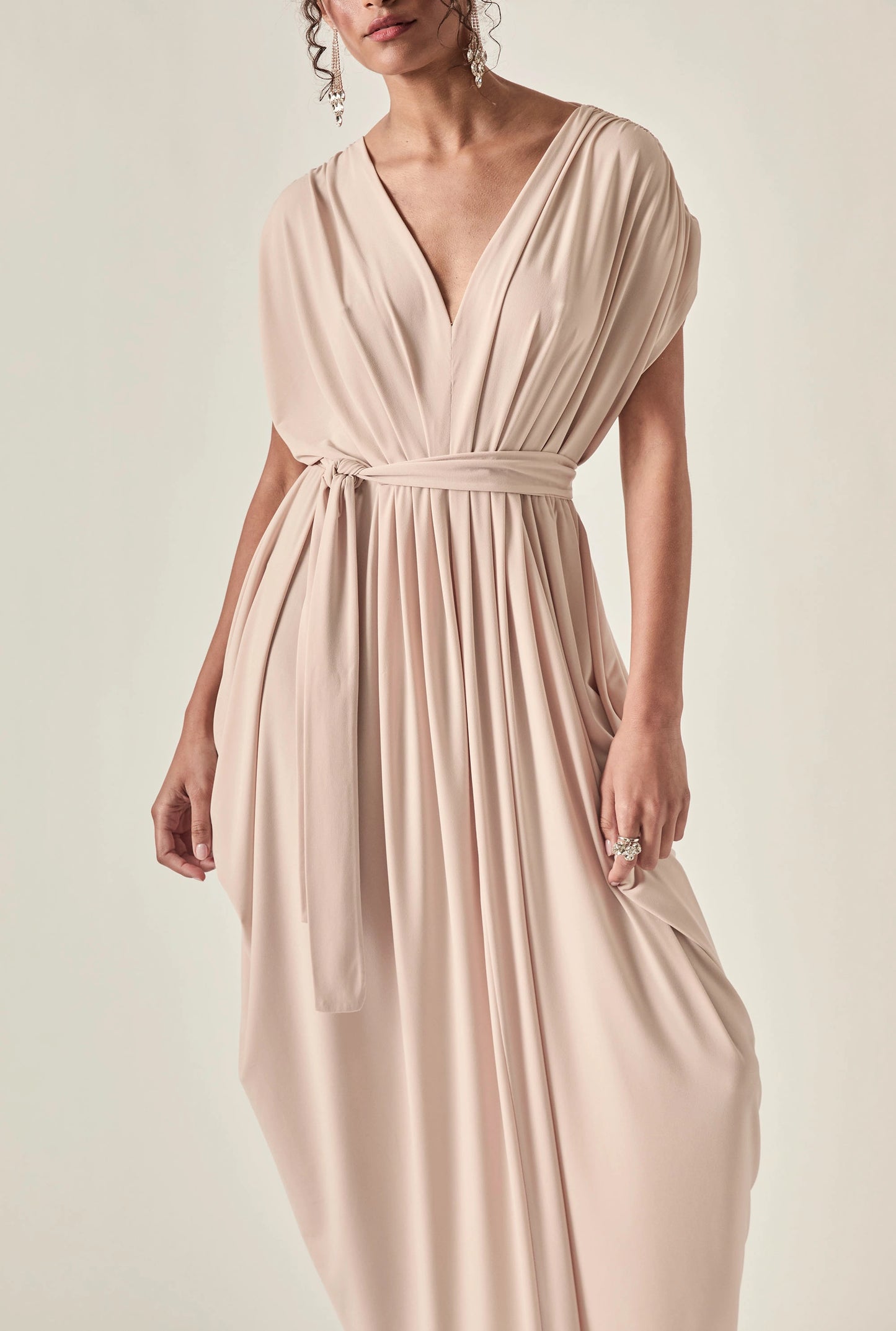 Draped Open-Back Midi Dress – Taupe