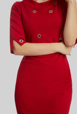 Eyelet High Collar Dress Red